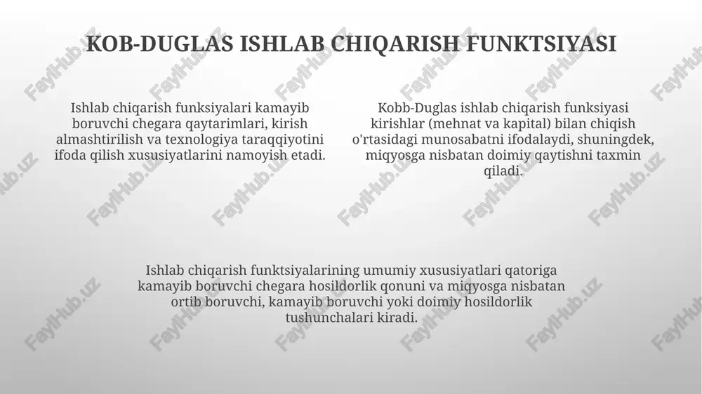 -oqibat pasayadi. ishlab chiqarish funktsiyalari matematik, grafik yoki og'zaki ravishda ifodalanishi mumkin. ular kirish va chiqish o'rtasidagi munosabatni tushunish uchun foydalidir. e'tiboringiz uchun rahmat @taqdimot_robot image1.png image2.png image3.png
