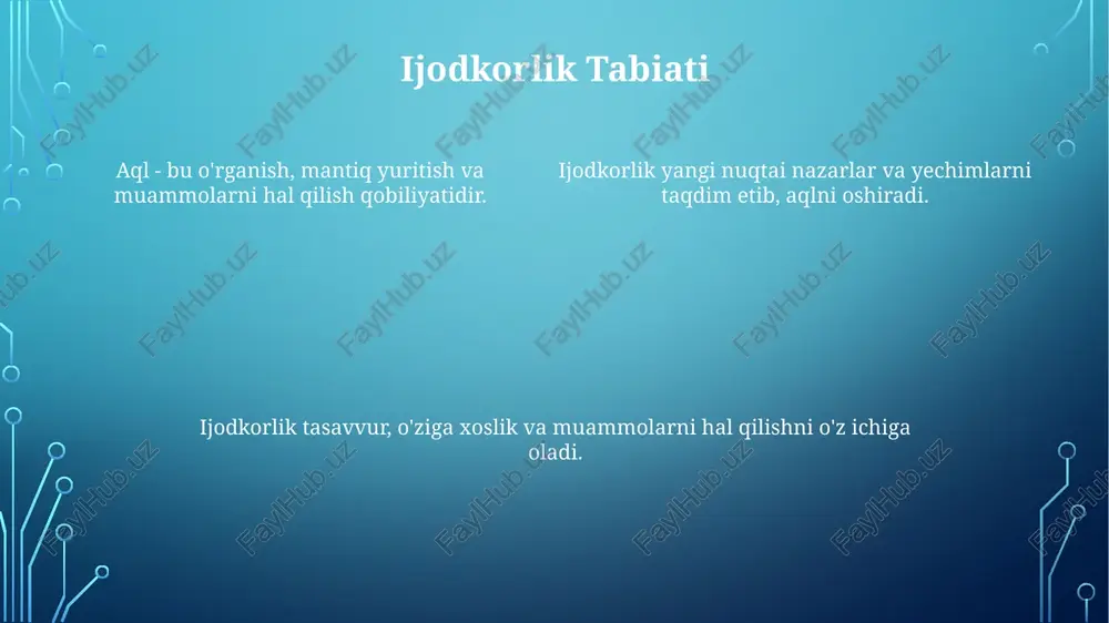 o'ladi, odamlar ai bilan hamkorlik qilib, yangi g'oyalar va echimlarni yaratadilar. ta'lim va o'qitish ai muhim rol o'ynaydigan kelajak uchun shaxslarni tayyorlashga moslashishi kerak. har xil madaniyatlardagi aql-idrok aql-idrok madaniyatlarga qarab farq qiladi, turli qadriyatlar va ko'nikmalarni aks ettiradi. ijodiylik ko'pincha aqlning muhim jihati deb qaraladi, bu ixtirochilik va muammolarni hal qilishni o'z ichiga oladi. madaniy kontekstlar aql-idrok va ijodkorlikni qanday ta'riflanishi va qadrlanishini shakllantiradi. aqlni aniqlash ijodkorlik - bu yangi g'oyalar va yechimlarni yaratish qobiliyatidir. aql - bu o'rganish, moslashish va muammolarni hal qilish qobiliyatidir. aql va ijodni ta'riflash murakkab va turli omillarga bog'liq. e'tiboringiz uchun rahmat @taqdimot_robot image1.png image2.png image3.png image4.png image5.png