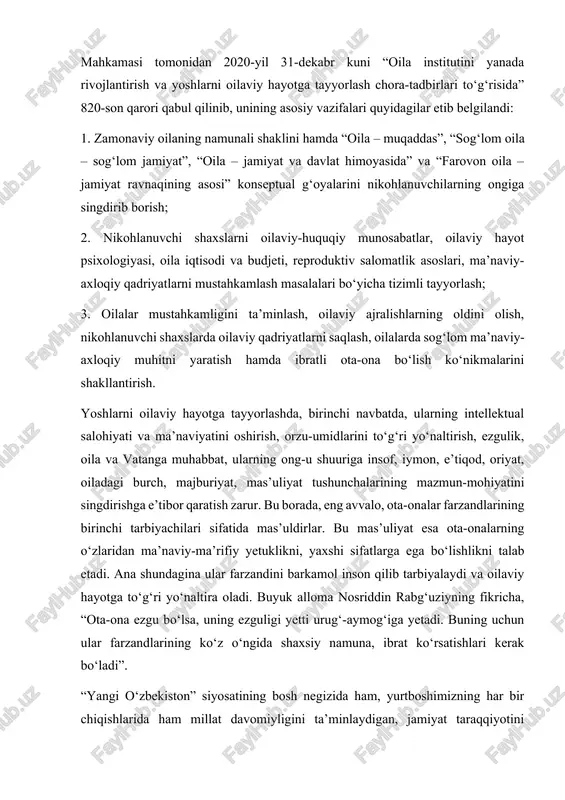 larning o‘zlaridan ma’naviy-ma’rifiy yetuklikni, yaxshi sifatlarga ega bo‘lishlikni talab etadi. ana shundagina ular farzandini barkamol inson qilib tarbiyalaydi va oilaviy hayotga to‘g‘ri yo‘naltira oladi. buyuk alloma nosriddin rabg‘uziyning fikricha, “ota-ona ezgu bo‘lsa, uning ezguligi yetti urug‘-aymog‘iga yetadi. buning uchun ular farzandlarining ko‘z o‘ngida shaxsiy namuna, ibrat ko‘rsatishlari kerak bo‘ladi”. “yangi o‘zbekiston” siyosatining bosh negizida ham, yurtboshimizning har bir chiqishlarida ham millat davomiyligini ta’minlaydigan, jamiyat taraqqiyotini belgilaydigan oilalarning farovonligini oshirishga va mustahkamlashga katta e’tibor qaratilmoqda. oila xususida fikr bildirar ekanlar prezidentimiz shavkat mirziyoyev “odamlarimiz bilishi kerak. oila muqaddas biz uchun, oilani saqlab qolmasak, biz o‘zligimizni yo‘qotamiz”, deya oilaning naqadar ijtimoiy ahamiyatga ega ekanligini ta’kidlaganlar. amir temur ko’ragon ibn amir tarag’ay 1336-yil 9-aprelda kesh (hozirgi shahrisabz) ga qarashli xo’jailg’or (hozir yakkabog’ tumanida) qishlog’ida amir tarag’ay oilasida tavallud topdi. temurning onasi tegina begim buxorolik “sadrash-sha’ri –sharmas” urug’i, taniqli olim ubaydullohning qizi bo’lgan. o’sha paytda kesh va unga tobe yerlarning bekligi amir tarag’ayning og’asi …