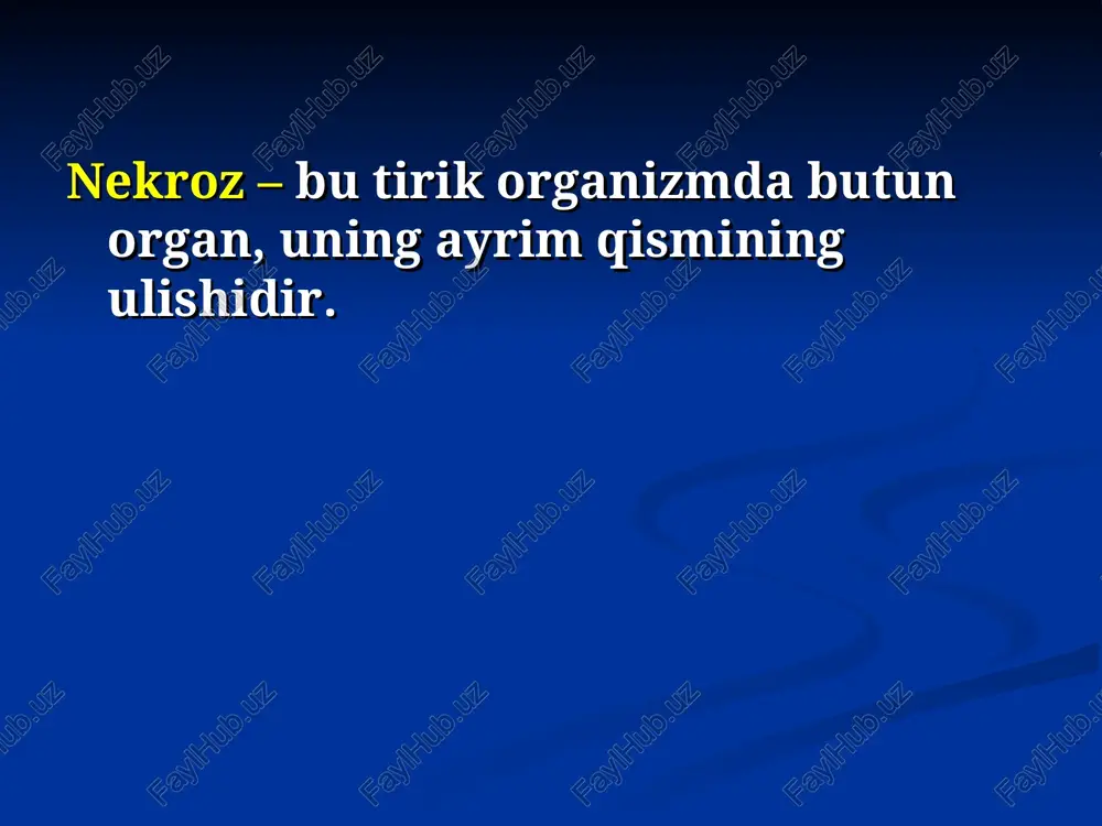 i organlar gangrenalarida: arroziv qon ketishlar; kovak organlar perforatsiyasi; infekitsiyaning seroz bushliqlar orqali tarqalishi natijasida oʼlim sodir boʼlishi.. gangrenalar profilaktikasi qon tomir tizimi kasalliklarini o'z vaqtida tashxislash va davolash, uning asoratlari oyoq-qo'llarning gangrenasi. doimiy konservativ himoya terapiyasi. ko'rsatkichlarga ko'ra angiojarrohlik bo'limida asosiy qon oqimini rekonstruktsiya qilish. o'z vaqtida shoshilinch angiojarrohlik yordami. jarrohlik infektsiyasining oldini olish. sog'lom turmush tarzini targ'ib qilish (chekishni tashlash). yotoq yara (decubitus) – gavdaning uz massasi bosishi sababli teri yoki shillik parda vat yeri osti tukimalarining nekrozga uchrashidir. yotoq yaralarning asosiy sababi – bemorni yaxshi parvarish qilmaslik! yatrogenik kasalliklar (tibbiy muolajalarning asoratlari sifatida) traxeyaning yotiq joylari, bu erda uzoq muddat endotraxeal naycha yotadi; qizilo'ngachning uzoq vaqt davomida yotib qolishidan kelib chiqadigan bosim; shamollatish trubkasida uzoq vaqt qolishdan kelib chiqqan rektumning yaralari; bemor qo'zg'algandan so'ng doimiy ravishda to'shakka o'rnatilganda (to'qilgan) tananing ostki qismidagi bosim; sun'iy asboblar, gips idishlar, drenajlar va boshqalar bosimi bilan yotoq yaralarning bochqichlari ishemiya bosqichi: …