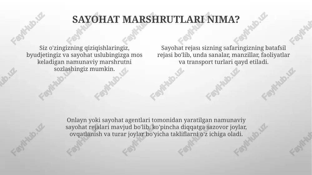 g. qolish muddati, transport imkoniyatlari, turar joy tanlovi va potentsial sayohatlarni hisobga oling. mahalliy saytlar, sayohat bloglari va sharhlar platformalarini o'rganib, tavsiyalarni toping. salomatlik va xavfsizlik ko'rib chiqish sog'liqni saqlash va xavfsizlik masalalari: kerakli hujjatlar, masalan, pasport va vizalar borligiga ishonch hosil qiling va sayohat haqidagi ogohlantirishlarni tekshiring. namuna sayohat marshrutlari: transport, turar joy va faoliyatlarni o'z ichiga olgan kunlik rejalarning takliflari. sog'liq va xavfsizlik masalalari: sayohat sug'urtasi, emlash va mahalliy sog'liq xavflari hisobga olinishi kerak. e'tiboringiz uchun rahmat @taqdimot_robot image1.png image2.png image3.png