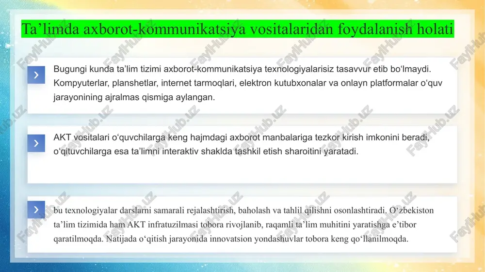 ashuvlar o‘quvchini bilimni tayyor holatda qabul qiluvchi emas, balki uni o‘zi izlab topuvchi faol shaxs sifatida shakllantiradi.shu bilan birga, texnik va metodik muammolarni bartaraf etish, o‘qituvchilarning raqamli kompetensiyasini oshirish ham dolzarb masalalardan biridir. ta’lim muassasalarida zamonaviy texnologiyalarni to‘laqonli joriy etish uchun infratuzilmani mustahkamlash, o‘qituvchilarni doimiy o‘qitish va malaka oshirish tizimini yo‘lga qo‘yish muhim ahamiyatga ega. zamonaviy texnologiyalar ta’lim tizimining ajralmas qismi sifatida o‘quv jarayonini yangicha mazmunda tashkil etish imkonini bermoqda. ular yordamida darslar interaktiv, ko‘rgazmali va qiziqarli shaklda o‘tkaziladi. ta’limda axborot-kommunikatsiya vositalari, multimedia dasturlari, masofaviy o‘qitish tizimlari va virtual laboratoriyalarning joriy etilishi o‘quvchilarning mustaqil fikrlash, izlanish va amaliy ko‘nikmalarini rivojlantiradi. ta’limda zamonaviy texnologiyalar image1.jpeg image2.png image3.png image4.png image5.png /docprops/thumbnail.jpeg