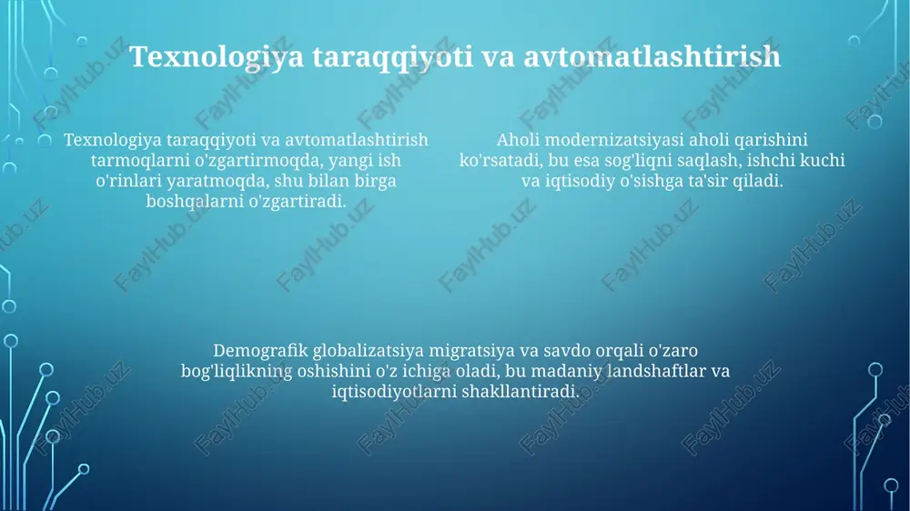 oti savdo, moliya va investitsiyalar orqali tobora ko'proq o'zaro bog'liq bo'lib bormoqda. demografik globalizatsiya chegaralar bo'ylab odamlarning harakatlanishini o'z ichiga oladi, bu esa mehnat bozorlari va madaniy landshaftlarga ta'sir qiladi. kelajak yo'nalishlari va imkoniyatlar o'zgarib borayotgan dunyoda demografik muammolarni hal qilish va imkoniyatlarni maksimal darajada oshirish uchun innovatsion yechimlarni aniqlash. demografik o'zgarishlarni globalizatsiya va kelajakdagi imkoniyatlarga qanday ta'sir qilishini tushunish. demografik o'zgarishlarni globalizatsiya va kelajakdagi imkoniyatlarga qanday ta'sir qilishini tushunish. aholi sonining o'sishi va qarish aholi soni o'sishi va qarish resurslar mavjudligi va ijtimoiy tuzilmalarga ta'sir qiladi. demografik modernizatsiya tug'ilish, o'lim va migratsiya naqshlari o'zgarishi bilan bog'liq. demografik globalizatsiya aholining migratsiya va madaniy almashinuvi orqali o'zaro bog'liqligi haqida hikoya qiladi. demografik globallaşuvning ta'siri demografik globalizatsiya: migratsiya, savdo va aloqa orqali aholilarning o'zaro bog'liqligi kuchayishi. demografik globalizatsiya: globalizatsiya va demografik o'zgarishlar o'rtasidagi o'zaro ta'sir, madaniy, iqtisodiy va ijtimoiy o'zgarishlarga olib keladi. demografik modernizatsiya: shaharlashuv, ta'lim va sog'liqni saqlash kabi omillar tomonidan …