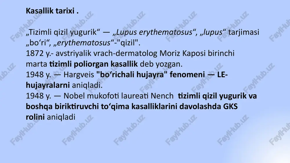 qattiq og‘riq, toshmalar paydo bo‘lganligi, bo‘g‘imlar qiyshayib, harakati chegaralangani bilan ifodalanadi. zararlangan bo‘g‘imlardagi og‘riq va shish orasida bog‘liqlik bo‘lmaydi. ko‘proq tizza, taqim, bilak, panja bo‘g‘imlari zararlanadi. klinikasi. bo‘g‘imlardagi kabi teri qoplamlarida ham kasallik belgilari topiladi. burun usti va yon atrofida qizil rangli „kapalak nusxa“ toshmalar paydo bo‘ladi. teridagi o‘zgarishlar turlicha ko‘rinishda, turli turg‘unlikdagi yallig‘lanish belgilari bilan kechadi. bu yallig‘lanish quyosh nuri, sovuq havo, shamol kabi taʼsirlardan so‘ng kuchayadi. bemor yuzidagi „kapalak nusxa“ qizillik markazga yaqinlashgan sari kuchayib, yaqqollashib boradi, teri o‘zgarishlari bo‘yin, to‘sh, qo‘l va oyoqning kiyim berkitmaydigan ochiq qismida (baliq tangachalariga o‘xshash gardishli eritema) ham kuzatiladi. teridagi o‘zgarishlar og‘iz bo‘shlig‘ida, qattiq tanglay enantemasi, stomatit, lab bichilishi, toshmalar ko‘rinishida ham uchraydi. bemorlar tezda ozib ketadilar, sochlari to‘kiladi, o‘choqli kallik, soch tolalarining mo‘rtligi rivojlanadi. tirnoqlar mo‘rtlashib, sinuvchan bo‘lib qoladi, teri va shilliq pardalarda trofik o‘zgarishlar, yaralar paydo bo‘ladi. sistemali qizil volchanka bilan og‘rigan bemorlarning aksariyatida seroz shilliq pardalar yallig‘lanishi (poliserozit) kuzatiladi. …