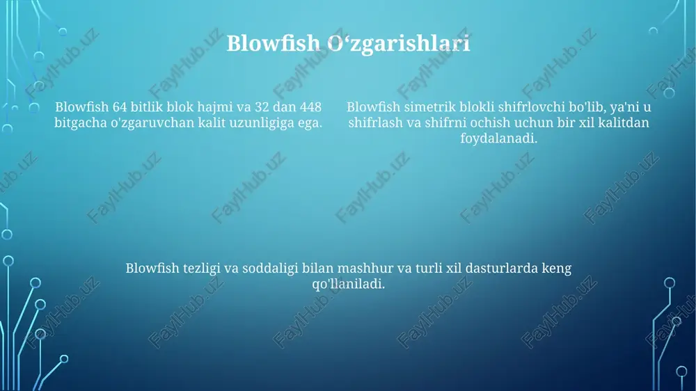 ma'lumotlarni ishonchli aralashtirishni ta'minlaydi. blowfish deşifrlәsh jarayoni shifrlash jarayoniga o'xshaydi, xuddi shu kalit va subkalitlardan foydalanadi, lekin teskari tartibda. blowfishning zaif tomonlari kalit jadvali: blowfish kalit jadvali nisbatan sekin, bu esa tez-tez kalit o'zgartirishni talab qiladigan dasturlarda kamchilik bo'lishi mumkin. kalit hajmi cheklovlari: 448 bitgacha bo'lgan kalitlar bilan chegaralangan, hisoblash quvvati rivojlanishi bilan zo'rlik bilan hujumlarga moyil bo'lishi mumkin. jamoatchilik tahlilining etishmasligi: zamonaviy shifrlarga nisbatan cheklangan jamoatchilik tahlili va kriptotahlili, bu esa noma'lum zaifliklarni keltirib chiqarishi mumkin. e'tiboringiz uchun rahmat @taqdimot_robot image1.png image2.png image3.png image4.png image5.png