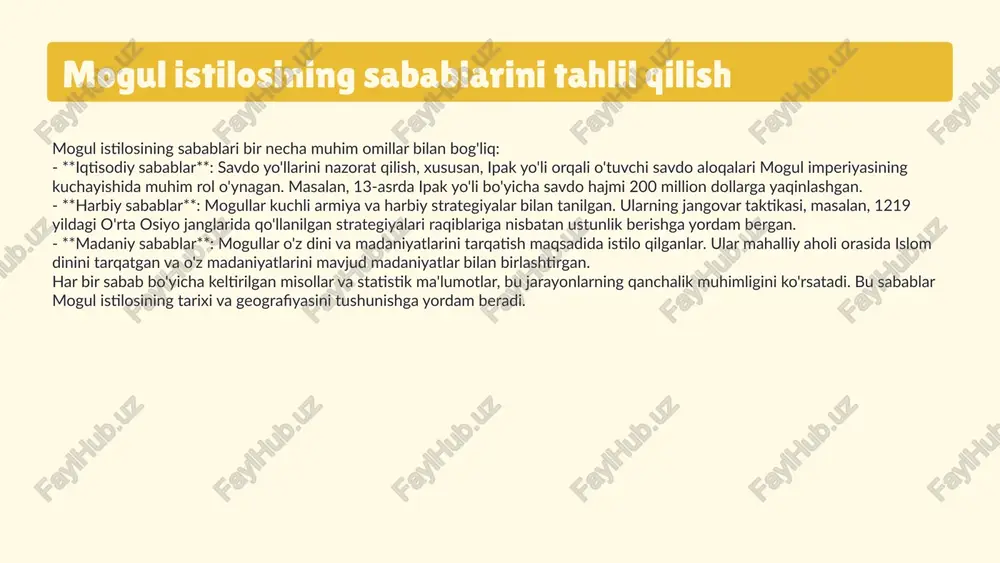 va iqtisodiy aloqalar orqali madaniy almashuvning kuchayishi. mogul istilosi natijasida iqtisodiy ta'sirlar uzoq muddatli oqibatlarga olib keldi. mintaqadagi iqtisodiy tizimlar o'zgarib, yangi iqtisodiy model shakllandi, bu esa kelajakdagi iqtisodiy rivojlanishga ta'sir ko'rsatdi. iqtisodiy barqarorlik va taraqqiyotga erishish uchun qiyinchiliklar va imkoniyatlar paydo bo'ldi. statistik ma'lumotlar: - 13-asrda savdo hajmi 30% ga oshdi. - iqtisodiy aloqalar orqali 50 dan ortiq yangi mahsulotlar kirib keldi. mogul istilosi va iqtisodiy ta'siri mogullar va diniy ta'sirlar mogullar va ularning diniy qarashlari mogullar o'z diniy qarashlari bilan ajralib turdilar. ularning diniy e'tiqodlari asosan shamanizm va buddizmga asoslangan edi. musulmonlikning kirishi bilan, mogullar yangi diniy tushunchalarni qabul qilib, o'z diniy amaliyotlarini o'zgartirdilar. diniy amaliyotlar va o'zgarishlar - mogullar shamanizm va buddizmni o'z ichiga olgan diniy amaliyotlarga ega edilar. - musulmonlikning kirishi bilan diniy amaliyotlar sezilarli darajada o'zgardi. - xudolar va ruhlar bilan bog'liq an'analar davom etdi, lekin yangi musulmon usullari bilan birlashdi. - ijtimoiy va siyosiy …
