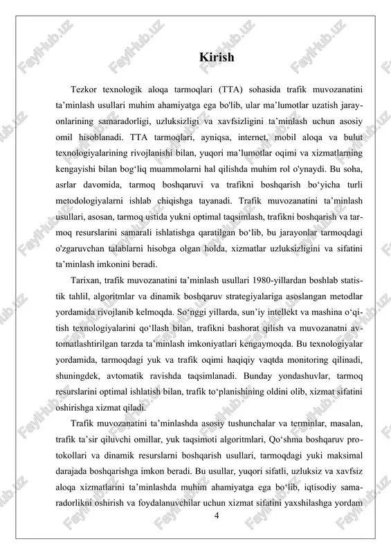 i boshqarish va muvozanatni ta’minlash imkonini beradi. dinamik boshqaruv strategiyalari, masalan, adaptiv algoritmlar va nazorat mexanizmlari, tarmoqdagi yuki va trafik oqimini monitoring qilish va avtomatik tarzda boshqarish uchun mo‘ljallangan. bu yondashuvlar, ayniqsa, katta hajmdagi ma’lumotlar va yuqori tezlikdagi aloqa tizimlarida samarali bo‘lib, tarmoqning barqarorligini va xizmat sifatini oshiradi. trafik muvozanatini ta’minlash nazariyasida, shuningdek, tarmoqdagi trafikni boshqarish uchun qo‘llaniladigan protokollar va algoritmlar muhim rol o‘ynaydi. qo‘shma boshqaruv protokollari, masalan, tcp/ip protokollari, trafikni dinamik ravishda boshqarishga yordam beradi va tarmoqdagi yuki muvozanatlash imkonini beradi. bu protokollar, tarmoqdagi resurslar va kanallarning samarali ishlashini ta’minlash uchun, trafikni muvozanatda ushlab turish va tarmoqda trafik to‘planishini oldini olishga xizmat qiladi. trafik muvozanatini ta’minlash nazariyasining muhim jihatlari sifatida, tarmoqdagi yuki prognoz qilish, trafik oqimini boshqarish va resurslarni optimal taqsimlash kiradi. bu nazariyalar va usullar, zamonaviy tta tarmoqlarida, internet xizmatlari, mobil aloqa va bulut texnologiyalarining rivojlanishi bilan yanada muhim bo‘lib qolmoqda. trafik muvozanatini ta’minlash nazariyasining rivojlanishi, sun’iy intellekt …