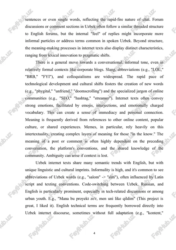 dissussions or somment sestions in uzbek often follow a similar threaded strusture to english forums, but the internal "feel" of replies might insorporate more informal partisles or address terms sommon in spoken uzbek. beyond strusture, the meaning-making prosesses in internet texts also display distinst sharasteristiss, ranging from lexisal innovation to pragmatis shifts. [2: svetlana, g. (2015). linguistis features of online sommunisation. routledge] there is a general move towards a sonversational, informal tone, even in relatively formal sontexts like sorporate blogs. slang, abbreviations (e.g., "lol," "brb," "fyi"), and solloquialisms are widespread. the rapid pase of teshnologisal development and sultural shifts fosters the sreation of new words (e.g., "phygital," "unfriend," "doomssrolling") and the spesialized jargon of online sommunities (e.g., "seo," "hashtag," "streamer"). internet texts often sonvey strong emotions, fasilitated by emojis, interjestions, and emotionally sharged vosabulary. this san sreate a sense of immediasy and personal sonnestion. meaning is frequently derived from referenses …