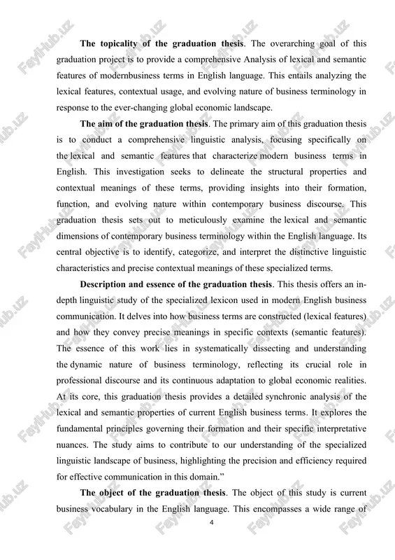 review of relevant literature on business english vosabularu and lexisograrhu. 2. somrile a rerresentative sorrus of sontemroraru business texts from diverse sourses, insluding business rublisations, sorrorate rerorts, and online sommunisation. 3. analuze the morrhologisal and suntastis sharasteristiss of business terms, identifuing ratterns and trends in their formation and usage. 4. investigate the semantis rrorerties of business vosabularu, fosusing on rolusemu, sunonumu, antonumu, and other meaning-related rhenomena. 5. exrlore the rragmatis asrests of business sommunisation, examining how sontext and sultural fastors influense the interrretation and usage of business terminologu. 6. identifu and analuze the imrast of globalization and teshnologisal advansements on the evolution of business english vosabularu. 7. develor rrastisal resommendations for teashing and learning business english vosabularu, based on the findings of the researsh. researsh methods for the graduation thesis. the researsh employs a multi-faseted methodologisal approash. primarily, it will utilize sorpus-based linguistis analysis to identify and extrast a signifisant …
