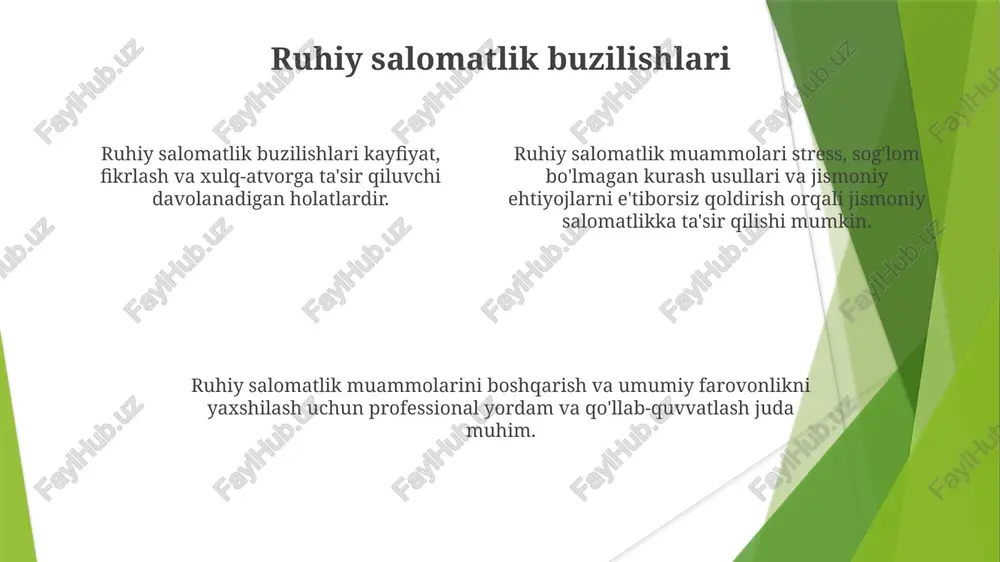 xavfini oshiradi. ijtimoiy qo'llab-quvvatlash tarmoqlari ruhiy salomatlik uchun muhim bo'lgan hissiy qo'llab-quvvatlash, engish strategiyasi va o'ziga mansublik tuyg'usini ta'minlaydi. kuchli ijtimoiy aloqalar ruhiy salomatlikning yaxshilanishiga, shu jumladan depressiya va tashvish darajasining pasayishiga bog'liq. e'tiboringiz uchun rahmat @taqdimot_robot