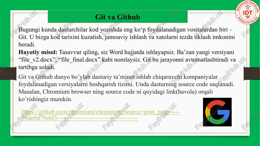 ur yozayotganlarida(masalan smartfon uchun ilova yoki web sayt) bu dasturning source code ga tez-tez o’zgaritirishlar kiritib boradilar(ya’ni biror yangi funksionallik qo’shiladi yoki dasturdagi xatolar tuzatiladi). natijada dasturning bir nechta versiyalari shakllanadi — version 1.0 > version 1.0.1 > version 1.0.2 github github — bu git versiyasini boshqarish ombori uchun veb-xosting xizmati. ya’ni, github da dasturning versiyalari saqlanadi. aytaylik, 3 kishidan iborat jamoa biror dasturga birga kod yozmoqda. kimdir source code ga o’zgaritish qilgandan keyin butun proyektni darsdan keyin fleshkaga tashlab boshqa jamoadoshlariga berishiga hojat yo’q, balki qilgan o’zgartirishlarini(fayllarni) github ga “tashlaydi”(push) va boshqalar osongina code ning o’zgargani qismini o’zlarinig kompyuterlariga “yuklab olishlari”(pull) mumkin. github github - bu hamkorlik va kirishni boshqarish xususiyatiga ega bo'lgan repozitoriy hosting xizmati vositasi. bu dasturchilar uchun birgalikda xatolarni tuzatish va ochiq manbali loyihalarni joylashtirish uchun platformadir. github ishlab chiquvchilar uchun mo'ljallangan va ularga ombor orqali loyihaga kiritilgan o'zgarishlarni kuzatishga yordam beradi. github xususiyatlari: loyihalar uchun …