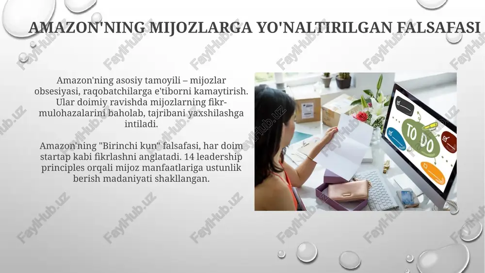 alarini optimallashtiradi va narxlarni moslashtiradi, xaridorlarning 75% dan ortig'ini qamrab oladi. amazonning prime obunasi yanada kengayadi, eksklyuziv takliflar, tezkor yetkazib berish va ko'proq raqamli xizmatlarni o'z ichiga oladi, 60% xaridor sodiqligini ta'minlaydi. xulosa amazon'ning mijozlarga yo'naltirilgan marketing modeli uzluksiz takomillashtirishni talab etadi, 7/24 mijozlarni qo'llab-quvvatlash xizmati bilan doimiy monitoring 4.0 reytingida. mijozlarga yo'naltirilganlik amazon'ning umumiy muvaffaqiyatining asosi hisoblanadi, bu kompaniyaning bozorda 55% ulushini egallashiga imkon berdi. e'tiboringiz uchun rahmat image2.png image5.jpg image6.jpg image7.jpg image8.jpg image9.jpg image10.jpg image11.jpg image12.jpg image13.jpg image14.jpg image15.jpg image16.jpg image17.jpg image18.jpg image19.jpg image20.jpg image3.png