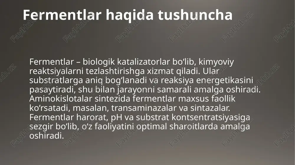 ferment serin hidroksimetiltransferaza ishtirokida glysin sintez qilinadi. bu aminokislotalar metabolik yo‘llarda azot va karbonat almashinuvida, shuningdek, nuklein kislotalar sintezida ishtirok etadi. gistidin sintezi (murakkab yo‘l) gistidin sintezi juda murakkab bo‘lib, ko‘plab bosqichlardan tashkil topgan. u prpp (fosforibozil pirofosfat) va atp dan boshlanadi. ushbu jarayonda 10 dan ortiq fermentlar ishtirok etadi, ularning har biri aniq kimyoviy o‘zgarishni katalizlaydi. histidin sintezi o‘simliklar va mikroorganizmlarda mavjud, hayvonlarda esa diet orqali olinadi. klinik va sanoat ahamiyati fermentlarning buzilishi ko‘plab genetik kasalliklarga olib keladi. masalan, fenilketonuriya kasalligi pah fermenti yetishmovchiligi natijasida yuzaga keladi. sanoatda esa fermentlar yordamida aminokislotalar fermentatsiya orqali yuqori sifatli va ekologik toza usulda ishlab chiqariladi. bu biotexnologiyaning rivojlanishiga turtki beradi. xulosa aminokislotalar sintezi — murakkab fermentativ jarayon bo‘lib, organizmning normal hayot faoliyati uchun muhimdir. fermentlar bu jarayonda katalizator sifatida harakat qiladi va jarayonlarni boshqaradi. ularning o‘rganilishi ilm-fan, tibbiyot va sanoat sohalarida yangi imkoniyatlar ochadi. e’tiboringiz uchun raxmat! image1.png /docprops/thumbnail.jpeg
