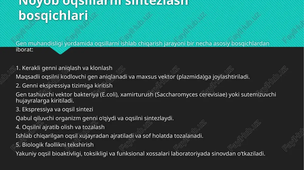isini ajratib olish murakkab. bu muammolarni bartaraf etish uchun: optimal promoterlar tanlash signal peptidlar orqali oqsil sekresiyasini ta’minlash hujayra sharoitlarini moslashtirish (ph, harorat) kabi usullar qo‘llaniladi. kelajakdagi istiqbollar gen muhandisligi asosida oqsil sintezi tobora takomillashmoqda. ilm-fan rivoji tufayli quyidagi yutuqlar kutilmoqda: sun’iy intellekt yordamida oqsil dizayni crispr texnologiyasi bilan oqsil sintezini optimallashtirish ribozyme va sintetik ribosoma tizimlar – in vitro oqsil sintezi shaxsiylashtirilgan dori vositalari – bemorga xos rekombinant oqsillar ishlab chiqish yaqin kelajakda rekombinant oqsillar asosida vaksinalar, saraton terapiyalari va gen terapiyasi yo‘lga qo‘yilishi kutilmoqda. xulosa gen muhandisligi yordamida noyob oqsillarni sintez qilish zamonaviy biotexnologiyaning eng muhim yutuqlaridan biridir. bu jarayon: biologik tibbiyotda inqilob yasadi, minglab bemorlar hayotini saqlab qoldi, farmatsevtika, oziq-ovqat va sanoat sohalarida yangi imkoniyatlar yaratdi. ushbu texnologiyaning rivojlanishi bilan insoniyat ilgari davolab bo‘lmaydigan kasalliklarni ham nazorat ostiga olishi mumkin bo‘ladi. e’tiboringiz uchun raxmat! /docprops/thumbnail.jpeg
