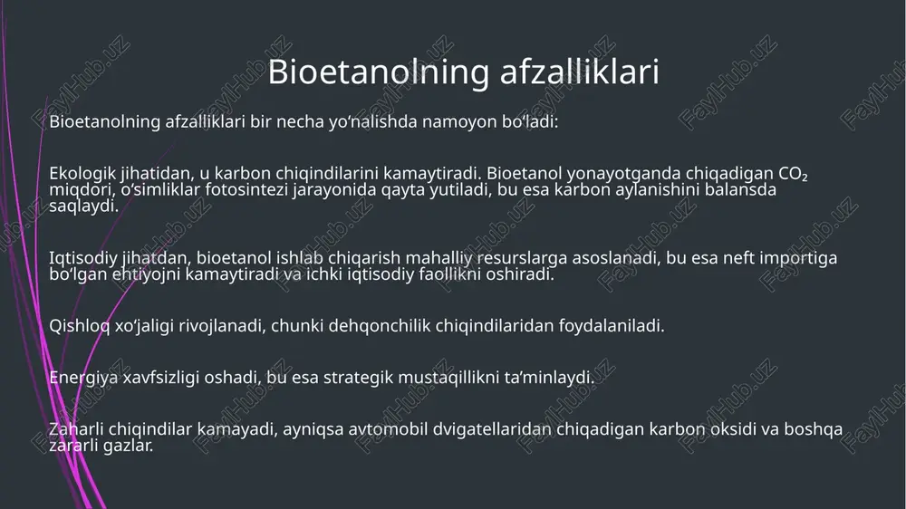 b chiqaradi. aqsh – makkajo‘xoridan bioetanol yetakchilari. yevropa – ko‘proq oziq-ovqat chiqindilari va don mahsulotlari asosida. xulosa bioetanol – barqaror, ekologik toza va qayta tiklanuvchi yoqilg‘i. energiya mustaqilligiga erishish, chiqindilardan foydalanish va co₂ emissiyasini kamaytirish imkonini beradi. innovatsion texnologiyalar yordamida kelajakda eng muhim alternativ energiya manbalaridan biri bo‘lib qoladi. e’tiboringiz uchun raxmat! /docprops/thumbnail.jpeg