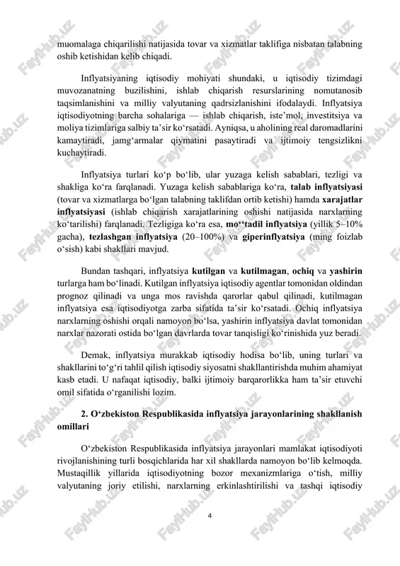 o‘zgarishi va logistika tizimidagi muammolar bilan bog‘liqdir. masalan, xalqaro bozorda neft, g‘alla yoki metall narxining oshishi import xarajatlarini ko‘paytiradi, bu esa ichki bozorda narxlarning ko‘tarilishiga sabab bo‘ladi. shuningdek, milliy valyuta — so‘mning kursidagi o‘zgarishlar ham import narxlariga bevosita ta’sir etadi. o‘zbekiston markaziy banki tomonidan olib borilayotgan pul-kredit siyosati ham inflyatsiya shakllanishiga ma’lum darajada ta’sir qiladi. agar iqtisodiyotda pul massasi haddan tashqari oshib ketsa, u talab inflyatsiyasini kuchaytiradi. shu bois, so‘nggi yillarda markaziy bank inflyatsion targetlash siyosatini joriy etish orqali pul muomalasini barqarorlashtirish choralarini ko‘rmoqda. umuman olganda, o‘zbekiston respublikasida inflyatsiya jarayonlari ko‘p omilli va murakkab iqtisodiy hodisa bo‘lib, u ichki ishlab chiqarish jarayonlari, byudjet siyosati, tashqi iqtisodiy sharoit hamda pul muomalasidagi o‘zgarishlar bilan chambarchas bog‘liqdir. shu sababli inflyatsiya jarayonlarini chuqur tahlil qilish va ularning sabablari asosida samarali iqtisodiy siyosatni shakllantirish dolzarb ahamiyatga ega. 3. inflyatsiyaning ijtimoiy-iqtisodiy oqibatlari inflyatsiya nafaqat iqtisodiy tizim, balki jamiyat hayotining barcha jabhalariga ta’sir ko‘rsatadigan murakkab makroiqtisodiy jarayondir. …