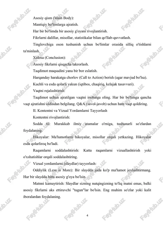 sh pulti (clicker) ishlayaptimi? slaydlaringiz formatlashda muammo tug'dirmayaptimi? zalda ovoz qanday eshitiladi? savollarga tayyorgarlik: tinglovchilar tomonidan berilishi mumkin bo'lgan savollarni oldindan o'ylab ko'ring va ularga javoblar tayyorlang. kiyinish: vaziyatga va tinglovchilarga mos professional kiyinish. bu sizning jiddiyligingizni ko'rsatadi. ruhiy tayyorgarlik: asabiylikni boshqarish usullari (chuqur nafas olish, pozitiv vizualizatsiya). o'z bilimingizga va tayyorgarligingizga ishonish. iv. taqdimotni amalga oshirish (delivery) kuchli boshlash: tinglovchining diqqatini darhol torting. bu qiziqarli statistika, savol, hikoya, kutilmagan fakt bo'lishi mumkin. o'zingizni aniq tanishtiring va taqdimotning kun tartibini aytib o'ting. nutq mahorati: ovoz: aniqlik, balandlik (zalga yetadigan darajada), ohang (bir xil emas, o'zgaruvchan), tezlik (me'yoriy, tushunarsiz tez yoki sekin emas). pauzalar: muhim fikrlarni ta'kidlash yoki tinglovchiga o'ylab olish uchun pauzalardan foydalaning. so'z tanlash: o'zbek tilining boyligidan foydalangan holda, fikrlarni to'g'ri va go'zal ifodalash. tana tili (noverbal muloqot): ko'z kontakti: tinglovchilar bilan muntazam ko'z kontaktini saqlang. bu ularga e'tibor berayotganingizni va ishonchli ekanligingizni ko'rsatadi. zal bo'ylab ko'zlaringizni harakatlantiring. turish …
