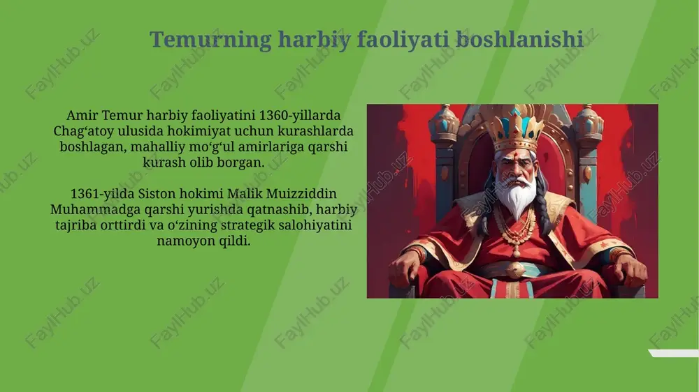 ziga aylandi, bu esa mintaqa rivojiga sezilarli hissa qo'shdi. amir temur haqidagi bahslar va munozaralar amir temurning shaxsiyati va harbiy yurishlari, xususan 1398-yildagi dehli sultoni ustidan qozonilgan g'alabasi, o'sha davr tarixchilari tomonidan turlicha baholanadi. ba'zi manbalar amir temurning ilm-fanga homiyligini yuqori baholasa, boshqalar uning bosqinlari natijasida millionlab odamlarning qurbon bo'lganini tanqid qiladi, misol uchun isfahon qirg'ini. e'tiboringiz uchun rahmat image2.jpg image3.jpg image4.jpg image5.jpg image6.jpg image7.jpg image8.jpg image9.jpg image10.jpg image11.jpg image12.jpg image13.jpg image14.jpg image15.jpg image16.jpg image17.jpg image18.jpg