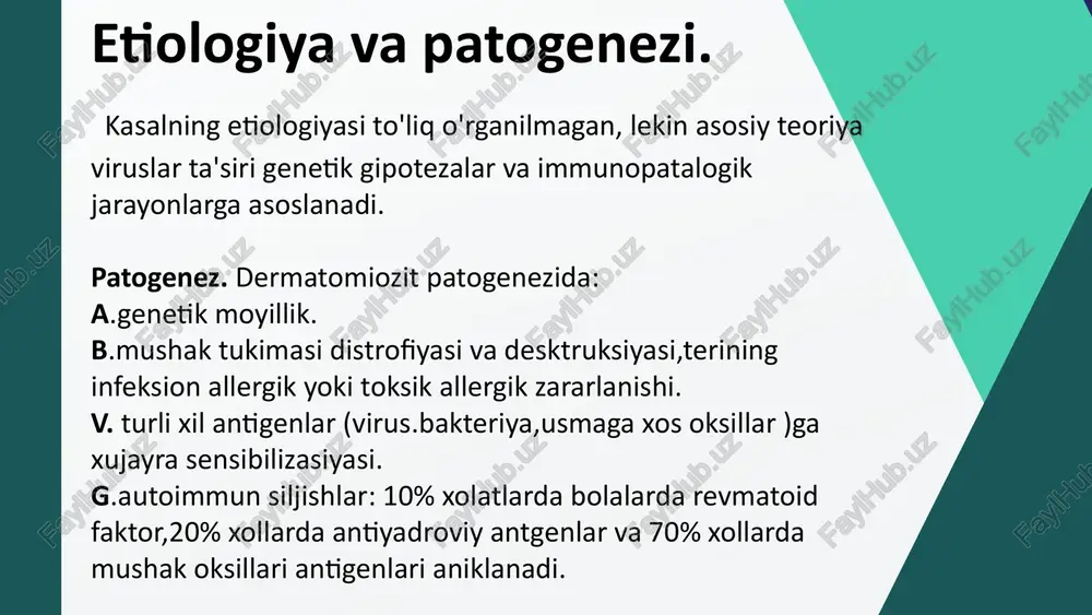 ida echt oshadi rf titrining yuqori bo'lishi (50% dan kam bemorlarda) anat borligi (50% dan ko'p bemorlarda) ko'pchilik miozitspesifik at lar orasida t-rnk ning antisintetaz markeri. aminoasilsintetaz rnk at si diagnostik ahamiyatga ega. instrumental ma'lumotlar ekg-aritmiya, o'tkazuvchanlikning buzilishi elektromiografiya mushak qo'zg'aluvchanligi oshgan, harakat potensiallari polifazligi va amplitudasi pastligi, fibrillyasiya; mushaklar biopsiyasi (deltasimon yoki sonning to'rt boshli mushagi): o'ziga xos yallig'lanish o'zgarishlari 75% hollarda aniqlanadi ; bo'g'imlarning rentgenologik o'zgarishi xos emas (bolalardayumshoq to'qimalarda kalsinatlar hosil bo'lishi mumkin) ; rentgenologik tashxis uchun (o'pkaning interstisial fibrozida) ko'krak qafasi a'zolarini rentgenografiya qilinadiva (sezgirlikni kuchaytirish uchun) - kt. diagnostik mezonlar. hech bo'lmaganda bir tipdagi teri jarohatlanishi kuzatilganda va kamida 4 ta belgi bo'lganida dm diagnozi ishonarli hisoblanadi (sezgirlik 94,1% spesifiklik 90,3%). kamida 4 xil belgi borligi polimiozit tashxisiga mos keladi (sezgirlik 98,9%, spesifiklik 95,2) teri zararlanishi geliotrop toshma qovoqlarda qizil binafsha rangli eritematoztoshmalar gottron belgisi panjaning yoziluvchi yuzasidagi bo'g'imlar ustida qizil-binafsha rangli qipiqlanuvchi eritema yoki …