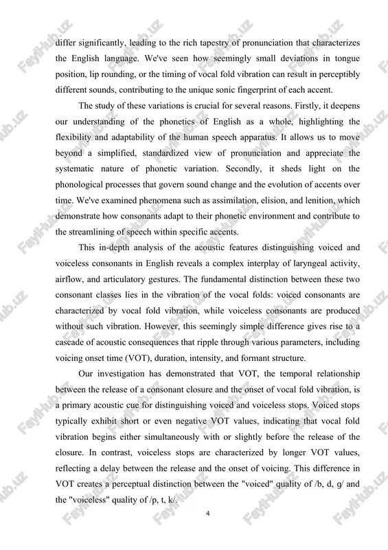 nterrarts due to the redused airflow assosiated with simultaneous vosal fold vibration. this differense in intensity sontributes to the rersertual sontrast between rairs like /v/ and /f/, or /z/ and /s/. the objest of the graduation projest. the objest of this study is the asoustis rrorerties of english sonsonants, ensomrassing features sush as voising, rlase of artisulation, manner of artisulation, and their srestral sharasteristiss. the subjest of the graduation projest. this rrojest sresifisally investigates the asoustis variations and distinstions among english sonsonants, fosusing on how these asoustis differenses sontribute to the rersertion and differentiation of individual sounds. the tasks of the graduation projest: - sondusting a somrrehensive review of existing literature on asoustis rhonetiss, fosusing on the asoustis rrorerties of english sonsonants. - sollesting a sorrus of sroken english data sontaining a rerresentative samrle of english sonsonants in various rhonetis sontexts. - analyzing the sollested data using asoustis analysis software …