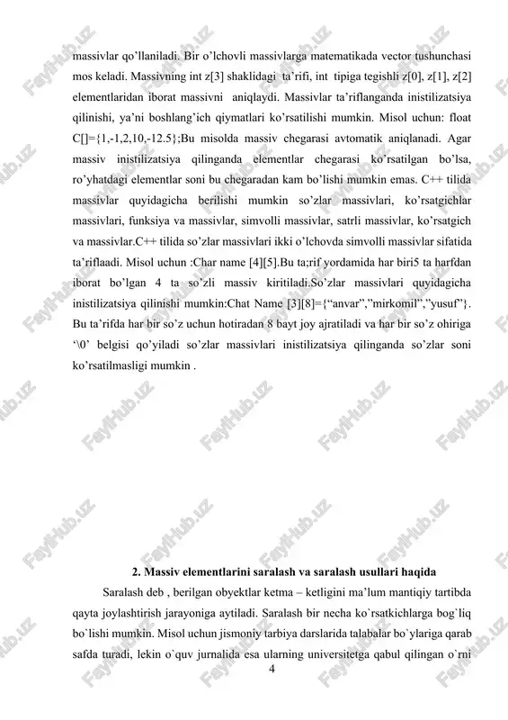 shu yerning o`zida ikkita saralashdan foydalanilayapti. birinchisi bo`y uzunligi bo`yicha , ikkinchisi esa o`quv jurnalidagi yozilgan o`rinlari bo`yicha. saralash jarayoni qanday bo`ladi degan savolga javob berishga urinib ko`ramiz. saralash jarayoni taqqoslashga asoslangan jarayon hisoblanar ekan. bu jarayonni his qilish uchun miyamizdagi tezlik bilan kechayotgan jarayonlarni birma – bir tahlil qilib chiqamiz. buning uchun saralanmagan (tartiblanmagan) sonlar ketma ketligini olamiz: quyidagi sonlar berilgan bo`lsin: 23, 54, 3, 22, 1, 45; 1. eng kattasini boshiga o`tkazamiz: 23, 3, 22, 1, 45, 54; 2. yana 1 da qilgan ishimizni takrorlaymiz: 3, 22, 1, 23, 45, 54; 3. yuqoridagi amalni yana bajaramiz: 3, 1, 22, 23, 45, 54; 4. oxirgi marta almashtiramiz: 1, 3, 22, 23, 45, 54; demak miyamiz xuddi shu jarayonni takrorlar ekan. endi bizga ma’lumki, bizning miyamiz o`zi qulay hisoblagan yo`nalish bo`yicha ketadi va biz uchun faqat bitta saralash algoritmi mavjud. ammo dasturlashda bu mulohazamiz noto`g`ri hisoblanar ekan. dasturlashda saralash usullarining …