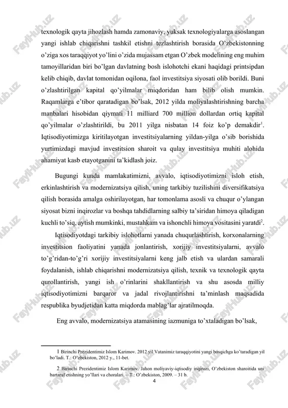 biy ta’siridan himoya qiladigan kuchli to’siq, aytish mumkinki, mustahkam va ishonchli himoya vositasini yaratdi[footnoteref:2]. [2: birinchi prezidentimiz islom karimov. jahon moliyaviy-iqtisodiy inqirozi, o’zbekiston sharoitida uni bartaraf etishning yo’llari va choralari. – t.: o’zbekiston, 2009. – 31 b. ] iqtisodiyotdagi tarkibiy islohotlarni yanada chuqurlashtirish, korxonalarning investitsion faoliyatini yanada jonlantirish, xorijiy investitsiyalarni, avvalo to’g’ridan-to’g’ri xorijiy investitsiyalarni keng jalb etish va ulardan samarali foydalanish, ishlab chiqarishni modernizatsiya qilish, texnik va texnologik qayta qurollantirish, yangi ish o’rinlarini shakllantirish va shu asosda milliy iqtisodiyotimizni barqaror va jadal rivojlantirishni ta’minlash maqsadida respublika byudjetidan katta miqdorda mablag’lar ajratilmoqda. eng avvalo, modernizatsiya atamasining iazmuniga to’xtaladigan bo’lsak, odatda uni texnika, texnologiyaga oid tushuncha deb qaraladi. jumladan, iqtisodiyotga oid aksariyat lug’atlarda unga quyidagi mazmundagi tarif berilgan: ―modernizvtsiya – ob’ektni yangilash, yaxshilash, takomillashtirish, uni yangi talablar va me’yorlarga, texnik shartlarga, sifat ko’rsatkichlariga muvofiqlashtirish, asosan bunda mashina, asbob uskunalar, texnologik jarayonlar modernizatsiyalanadi.‖ jahon moliyaviy-iqtisodiy inqirozi sharoitida real sektor korxonalarini qo’llabquvvatlash bilan bir …