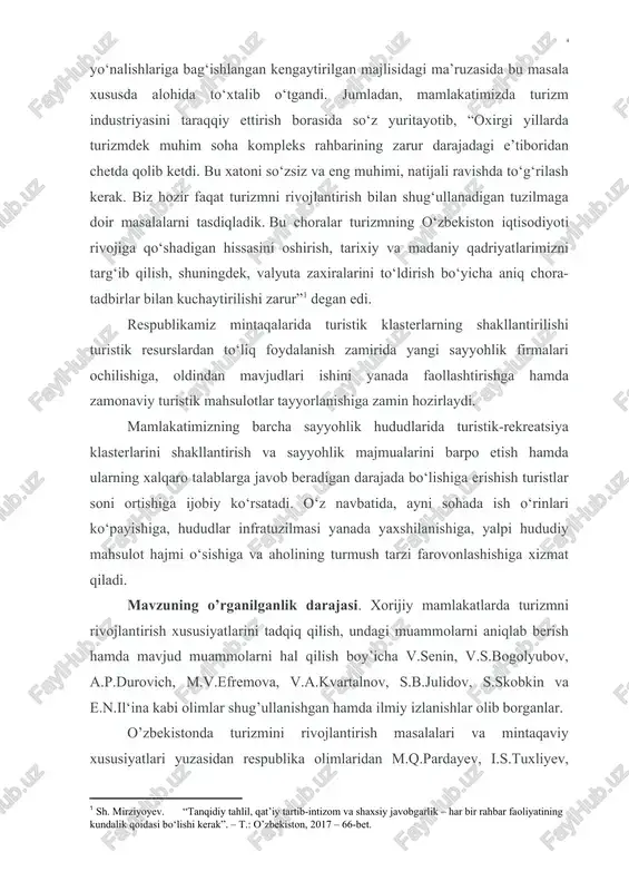 xos turizm turlari va ularni rivojlantirish imkoniyatlarini ochib berish; · o‘zbekistonni turistik rayonlashtirish xususiyatlarini ko‘rsatish; · o‘zbekistonning janubiy turistik mintaqasining mamlakat ijtimoiy-iqtisodiy hayotidagi o‘rnini ko‘rsatish; · mintaqaviy turizmni rivojlantirishda xorij tajribasini yoritish; · mintaqaviy turizmni rivojlantirish muammolari va istiqbollarini ko‘rsatish. malakaviy bitiruv ishning obekti bo’lib o‘zbekiston respublikasi mintaqalari turizmi, shu jumladan janubiy turistik mintaqalar turizmi hisoblanadi. bitiruv malakaviy ishining nazariy-amaliy ahamiyati. ushbu bitiruv malakaviy ishining ahamiyati shundaki, unda keltirilgan materiallardan turizmda turizm sohasini yanada rivojlantirish va yanada takomillashtirishda, shuningdek, oliy va o’rta maxsus o’quv yurtlarida turizmga oid fanlarni o’qitishda keng foydalanish mumkin. bitiruv malakaviy ishining nazariy-uslubiy asosi bo’lib, o’zbekiston respublikasi qonunlari, prezident farmonlari va asarlari, vazirlar mahkamasi qarorlari, iqtisodiy adabiyotlar, internet saytlari va statistik ma‘lumotlar, shuningdek turizm sohasiga bag’ishlangan manbalar xizmat qiladi. ishning yangiligi bo’lib quyidagilar hisoblanadi: · o‘zbekiston mintaqalariga xos turizm turlari va ularni rivojlantirish imkoniyatlarini ochib berilgan; · o‘zbekistonni turistik rayonlashtirish xususiyatlarini ko‘rsatib berilgan; · o‘zbekistonning janubiy turistik …