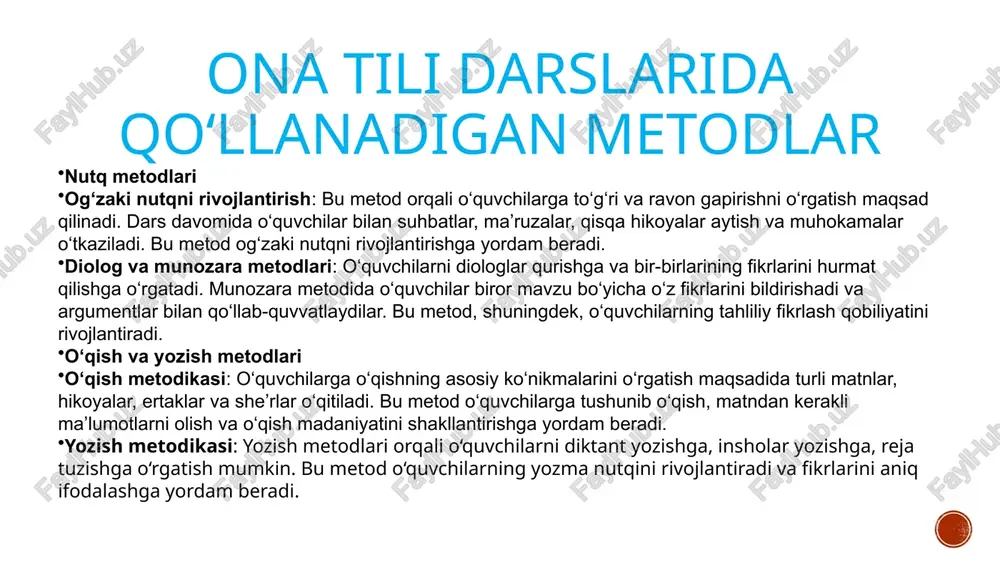 talgan joyda darslarni o‘rganish imkoniyatini berish uchun onlayn resurslar, video darsliklar va ta’lim platformalaridan foydalanish mumkin. bu metod o‘quvchilarga materialni qayta ko‘rish, qo‘shimcha mashqlar bajarish va darsdan tashqari bilim olish imkonini beradi. digital o‘quv resurslari: elektron kitoblar, audio va video materiallar, o‘qitish uchun yaratigan onlayn resurslar orqali o‘quvchilar bilimni tez va samarali o‘zlashtiradilar. bular o‘quvchilarga turli xil usullarda darsni o‘rganish imkoniyatini beradi. o‘qitishda innovatsion metodlar o‘yin orqali o‘qitish (gamifikatsiya) interaktiv o‘yinlar: o‘quvchilarga o‘yinlar yordamida yangi bilimlarni o‘rganish imkoniyatini berish. masalan, «so‘zlar o‘yini», «topishmoqlar», «krossvord» va «quiz» kabi o‘yinlar o‘quvchilarning diqqatini jamlash va tilni o‘rganishni qiziqarli qilish uchun ishlatiladi. o‘yinlar o‘quvchilarga amaliyotda o‘z bilimlarini sinash imkoniyatini beradi va ular o‘rganishni qiziqarli va samarali tarzda amalga oshiradilar. virtual ta’lim o‘yinlari: kompyuter yordamida o‘quvchilarni o‘qitishda virtual o‘yinlar va simulyatsiyalarni qo‘llash mumkin. bu metod o‘quvchilarning o‘rgangan materiallarini real hayotga moslashtirish va ularni amaliyotda qo‘llashga yordam beradi. kolaborativ o‘qitish metodlari gruplar bilan ishlash: o‘quvchilarni guruhlarga …