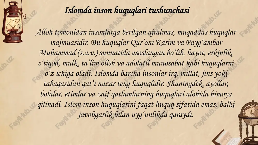’ni allohdan qo‘rqish va solihlik orqali farq bo‘ladi. irq, rang, millat yoki ijtimoiy mavqe asosida kamsitish qat’iyan man etilgan. payg‘ambar muhammad (s.a.v.) amaliyotida adolat va tenglik payg‘ambarimiz muhammad (s.a.v.) o‘z hayotlarida tenglik va adolatni amalda tatbiq etganlar. u zot qullarni ozod qilgan, ayollar va bolalarning huquqlarini himoya qilgan, boy va kambag‘al o‘rtasida hech qanday ustunlikni tan olmagan. mashhur hadisda aytiladi: “qasamki, muhammadning jonini qo‘lida tutgan zotga ont ichib aytamanki, agar qizim fotima o‘g‘rilik qilganida ham qo‘lini kesar edim.” bu hadisdan ko‘rinib turibdiki, adolat shaxsiy manfaat, qarindoshlik yoki mavqega asoslanmasligi kerak. sud va hukm chiqarishda adolat tamoyillari islomda sud ishlari yuritilishida shaxsning boyligi, martabasi, nasabi yoki diniy e’tiqodi hukmga ta’sir qilmasligi kerak. adolat allohning buyruqlaridan biridir. qur’onda aytiladi: “adolatli bo‘linglar, bu taqvoga yaqinroqdir” (moida, 8). shuningdek, ikki kishi orasidagi nizoda, hatto qarindosh yoki do‘st bo‘lsa ham, adolat bilan hukm qilish shart. bu, ijtimoiy adolatni saqlashda asosiy tamoyildir. ijtimoiy yordam va tenglikni …