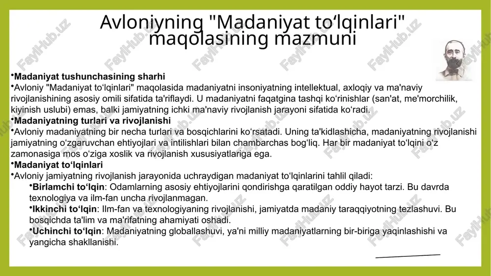 shdagi roliga qaratiladi. toffler: jamiyatni texnologik va iqtisodiy rivojlanishning bosqichlari orqali tahlil qiladi. "uchinchi to‘lqin" asosan texnologiyalar, axborot va bilimning ahamiyatini ta’kidlaydi. texnologik taraqqiyotning jamiyatga, madaniyatga va ijtimoiy tizimlarga ta’sirini ko‘rsatadi. to‘lqinlar ta’rifi va tahlili o‘xshashliklar: har ikki asar rivojlanishni to‘lqinlarga bo‘lib o‘rganadi. ular jamiyatni o‘zgarishlar jarayonida tahlil qilib, har bir to‘lqinning o‘ziga xos xususiyatlarini ochib beradi. ikkala muallif ham to‘lqinlarni rivojlanishning uzluksiz davomi sifatida tasvirlaydi. farqlar: avloniy madaniyatning ma'naviy, axloqiy va milliy jihatlariga urg‘u beradi, texnologik taraqqiyotga kamroq e’tibor qaratadi. toffler esa asosan texnologiyalar va bilimning rivojlanishini tahlil qiladi, madaniyatni texnologiyalar bilan uyg‘un holda ko‘radi. madaniyat va texnologiyaning o‘zaro ta’siri avloniy: madaniyatni texnologiyalardan alohida, milliy qadriyatlar va tarbiya orqali shakllanadigan hodisa sifatida ko‘radi. texnologiyalar madaniyatni buzishi yoki an’analarni yo‘qotishiga olib kelishi mumkinligi haqida ogohlantiradi. toffler: texnologiyalarni madaniyatning bir qismi sifatida ko‘rib, ularning jamiyatni rivojlantirishdagi ijobiy tomonlarini ta’kidlaydi. texnologiyalar yangi madaniy shakllanishlarga zamin yaratadi va insoniyatni global taraqqiyot sari olib …