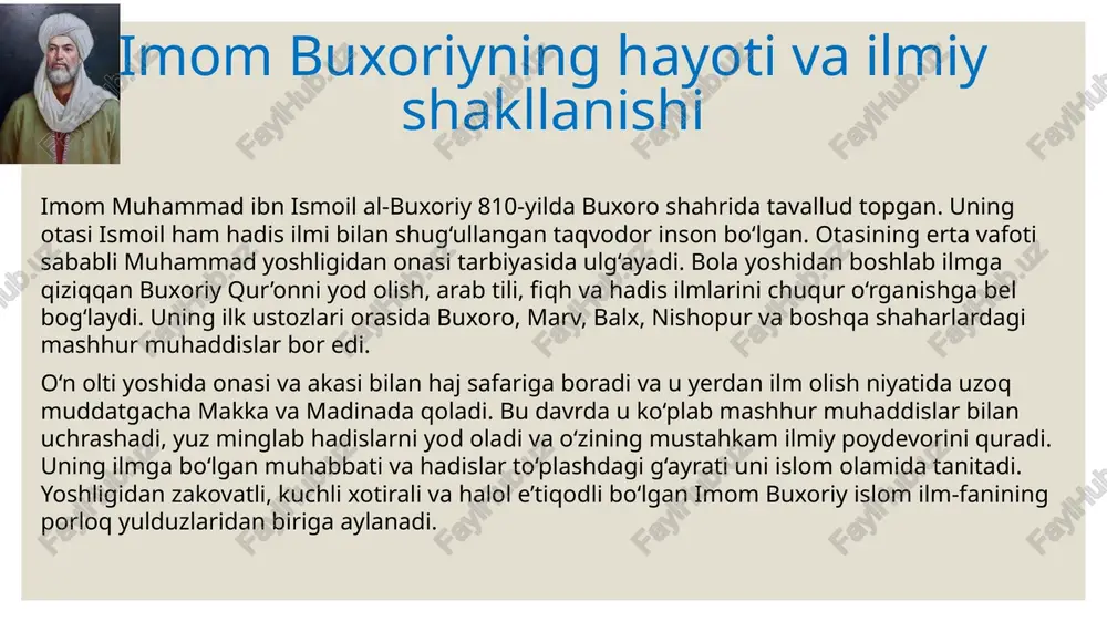 islom dini yetimlarga alohida mehr ko‘rsatishni, ularning huquqlarini poymol qilmaslikni buyuradi. “al-adab al-mufrad”da bu haqda ko‘plab hadislar keltirilib, ijtimoiy birdamlik, mehr-oqibat va adolat tamoyillari ilgari suriladi. asarda salomlashish madaniyati, kasal holida duo qilish, dardga sherik bo‘lish, hammaga xayrixohlik bilan muomala qilish kabi axloqiy fazilatlar haqida o‘nlab boblar bor. “al-adab al-mufrad”ning ilmiy-tarbiyaviy qadriyatlardagi o‘rni “al-adab al-mufrad” asari islom axloqshunosligida noyob o‘rin egallaydi. bu kitob – musulmon kishi uchun kundalik hayotda amal qilinishi lozim bo‘lgan axloqiy-me’yoriy tamoyillar to‘plamidir. uning ilmiy ahamiyati shundaki, unda jamlangan hadislar faqatgina shariatning qonuniy qoidalari emas, balki insoniylik, mehr-oqibat, halollik, sabr-toqat, xushmuomalalik, ota-onaga hurmat, qo‘shnichilik madaniyati kabi fazilatlarni yoritadi. bu asar orqali ilm oluvchilar hadislarni nafaqat matn sifatida, balki ma’no va mazmun jihatdan chuqur tahlil qilishga o‘rganadilar. ayniqsa, hadislarning tarbiyaviy mazmuni, har bir bobda berilgan ijtimoiy fazilatlar yosh avlodni axloqiy jihatdan tarbiyalashda muhim manba bo‘la oladi. ustozlar, imomlar, pedagoglar va tarbiyachilar bu asardan darslarda, ma’ruzalar va targ‘ibot ishlari …