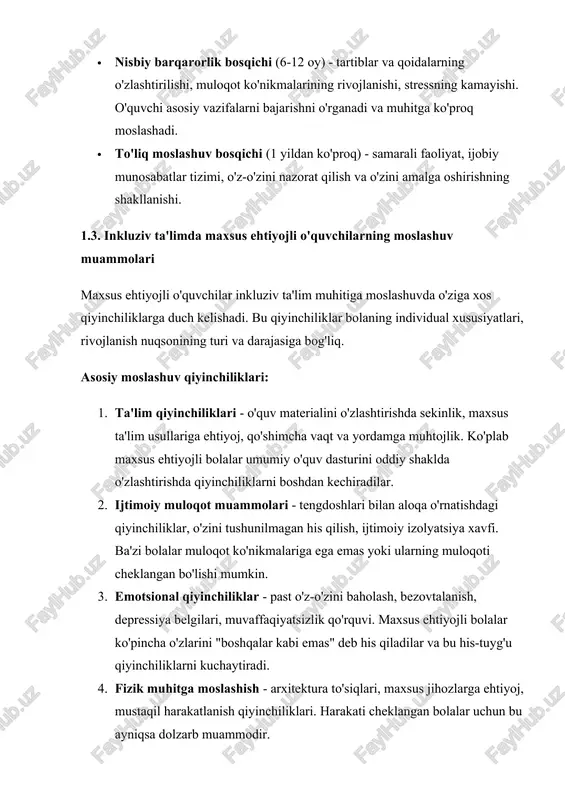 ivojlantirish zarurati, maxsus texnik vositalarga ehtiyoj. · harakati cheklangan bolalar - fizik mustaqillik cheklanishi, tez charchash, ba'zan nutq rivojlanish qiyinchiliklari, o'z imkoniyatlariga psixologik moslashuv muammolari. · autizm spektri buzilishi bo'lgan bolalar - ijtimoiy muloqot va kommunikatsiya qiyinchiliklari, stereotip xatti-harakatlar, o'zgarishlarga sezgirlik, sensorli sezgirlik yoki sezgirsizlik. · hissiy-xulq buzilishlari bo'lgan bolalar - impulsivlik, diqqatni jamlash qiyinchiliklari, giperreaktivlik, qoidalarga rioya qilish muammolari, ijtimoiy normalarni o'zlashtirishdagi sekinlik. ii bob. inkluziv ta'limda psixologik qo'llab-quvvatlashning asosiy yo'nalishlari va usullari 2.1. psixologik diagnostika va monitoring tizimi samarali psixologik qo'llab-quvvatlash to'liq va tizimli diagnostikadan boshlanadi. diagnostika o'quvchining hozirgi holatini, ehtiyojlarini, kuchli tomonlarini va rivojlanish zonalarini aniqlashga qaratilgan. diagnostikaning asosiy yo'nalishlari: 1. kognitiv rivojlanish diagnostikasi - intellektual qobiliyatlar, xotira, diqqat, fikrlash turlari, muammolarni hal qilish ko'nikmalari baholanadi. bunday diagnostika o'quvchining ta'lim materialni o'zlashtirishdagi imkoniyatlarini aniqlashga yordam beradi. qo'llaniladigan metodlar: veksler intellekt shkalasi (wisc), raven progressiv matritsalari, "labrint" testi, "klassifikatsiya" metodikasi, "ketma-ketlik" topshiriqlari. 2. emotsional-shaxsiy sfera diagnostikasi - emotsional …