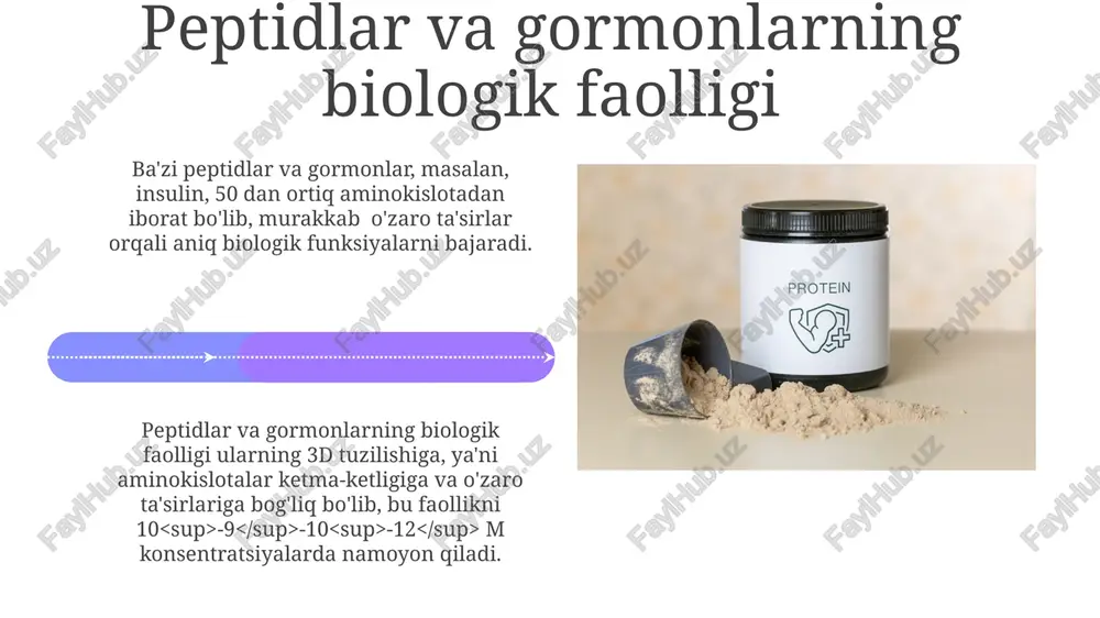 i tartibga soladi. peptidlar va gormonlar, hujayra ichidagi retseptorlarga bog'lanib, ikkinchi xabarchilar, masalan, camp yoki ip3 kabi 10 dan ortiq molekulalarni faollashtirib, hujayra jarayonlarini boshqarishi mumkin. peptidlar va gormonlarning retseptorlari gormon-retseptor kompleksining shakllanishi ligandning retseptorning faol joyiga yuqori darajadagi o'ziga xoslik bilan bog'lanishiga bog'liq bo'lib, bu kd qiymati bilan tavsiflanadi va 1 nm dan past bo'lishi mumkin. peptid va gormonlarning hujayra yuzasidagi retseptorlari 7-transmembran domenli g-protein bilan bog'langan retseptorlar (gpcr) oilasiga mansub bo'lib, ularning faollashuvi ikkinchi xabarchilar kaskadini faollashtiradi. peptidlar va gormonlarning diagnostikasi peptid va gormonlar darajasini aniqlash uchun elisa (enzyme-linked immunosorbent assay) testi keng qo‘llaniladi, uning sezuvchanligi 0,1 ng/ml gacha yetishi mumkin. prokaltsitonin (pct) kabi yallig‘lanish markerlari peptidlari qon tekshiruvi orqali infektsiyalarni aniqlashda muhim diagnostik ahamiyatga ega, uning normal darajasi 0,5 ng/ml dan past. e'tiboringiz uchun rahmat @taqdimot_robot image4.jpg image5.jpg image6.jpg image7.jpg image8.jpg image9.jpg image10.jpg image11.jpg image12.jpg image13.jpg image14.jpg image15.jpg image16.jpg image17.jpg image18.jpg image19.jpg image20.jpg image1.jpeg image2.jpeg image3.jpeg