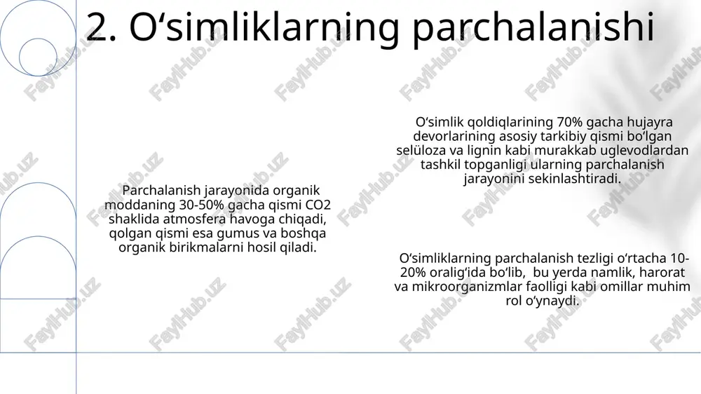 lib, bu qoldiqlarning yoshi va kelib chiqishiga bogʻliq. atmosferaning yuqori qatlamlaridan tushadigan chang zarrachalari, polen va sporalar kabi 10-100 mkm oʻlchamdagi organik qoldiqlar choʻkindi jinslarning organik moddalarini boyitadi. 11. atmosfera choʻkindi moddalari tabiiy gazning asosiy komponenti boʻlgan metan (ch₄), oʻsimlik va hayvonlar qoldiqlarining anaerob parchalanishi natijasida hosil boʻladi va 1 kub metr metan 20 kg dan ortiq uglerodni oʻz ichiga olishi mumkin. qazilma yoqilgʻilar, jumladan, koʻmir, neft va tabiiy gaz, oʻsimliklar va hayvonlarning qoldiqlaridan millionlab yillar davomida yuqori bosim va harorat taʼsirida hosil boʻladi, ularning tarkibida 80% dan ortiq uglerod boʻladi. qazilma yoqilgʻilarning organik moddalar manbai sifatida ahamiyati ularning global energiya taʼminotida 85% dan ortiq ulushini egallaganligi bilan belgilanadi, bu esa ularning katta miqdordagi uglerodni saqlashini koʻrsatadi. 12. qazilma yoqilgʻilar e'tiboringiz uchun rahmat @taqdimot_robot image1.png image2.png image3.png image4.png image5.png image6.png image7.png image8.png image9.png image10.png image11.png image12.png image13.png