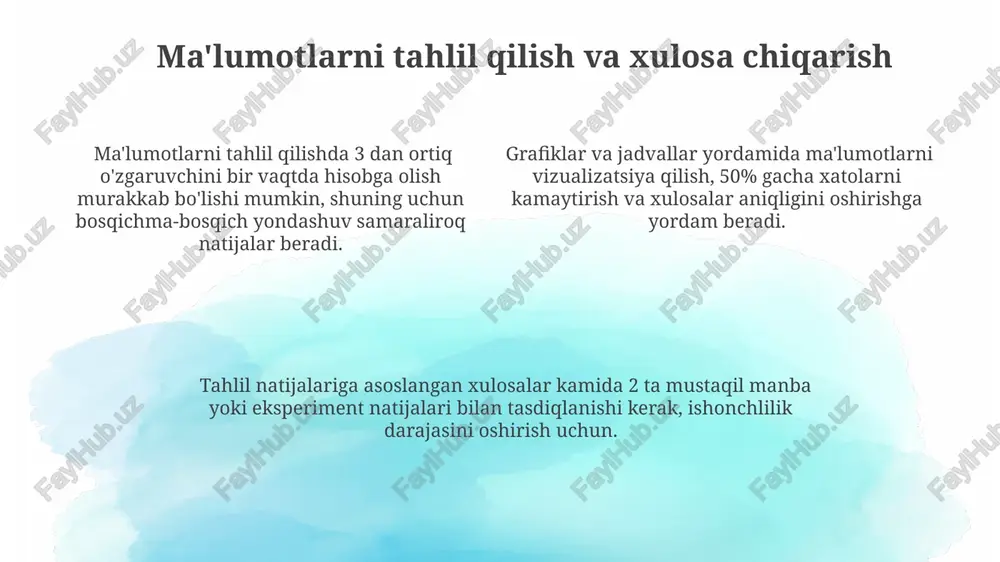 arini baholash mezonlari o‘quvchining mustaqil ishidagi xatoliklar soni va ularning jiddiyligi (1-5 ball) hisobga olingan holda, yakuniy baho 5 balldan iborat bo‘lgan shkala asosida aniqlanadi. o‘quvchilarning mustaqil ishlarining to‘liqligi (100%), mantiqiyligi (50%) va taqdimot sifati (30%) bo‘yicha 3 ta mezon asosida baholanadi. har bir mustaqil ishning bajarilish darajasi 0 dan 100 ballgacha bo‘lgan ballar sistemasida, nazariy bilimlar (40%), amaliy ko‘nikmalar (40%) va tahliliy qobiliyatlar (20%)ni hisobga olgan holda baholanadi. gipoteza yaratish va eksperiment o'tkazish olingan natijalarni tahlil qilishda statistik usullar, xususan, o'rtacha qiymatlar va standart og'ishishlarning hisoblanishi qo'llanilishi, bu gipotezaning tasdiqlanishi yoki rad etilishiga yordam beradi. eksperimentni rejalashtirishda nazorat guruhi va eksperimental guruh o'rtasidagi farqlarni aniqlash uchun 5 dan kam bo'lmagan o'lchovlar o'tkazish tavsiya etiladi. gipoteza yaratish jarayonida o'quvchilar kamida 3 ta mustaqil kuzatish natijalariga asoslanib, taxminni aniq va o'lchanadigan ko'rinishda ifodalashi kerak. mustaqil o'rganishdagi muammolarni hal qilishning ahamiyati mustaqil o'rganishda muammolarni hal qilish talabalarning 30% ga yaqin muhim bilim …