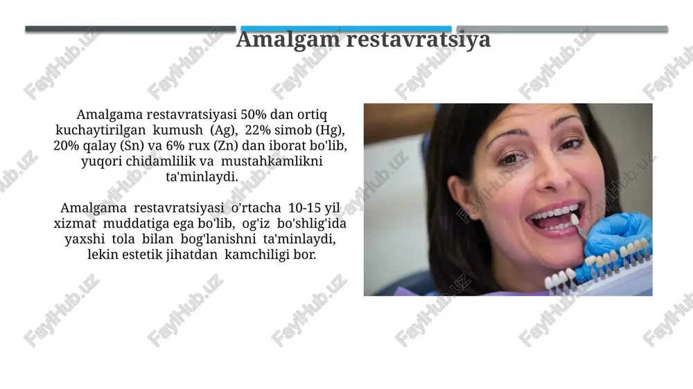 avitatsiyalarni (2 mm gacha chuqurlikdagi) toʻldirish uchun koʻproq mos keladi va odatda inleyga qaraganda kamroq invaziv jarayon hisoblanadi. inley restavratsiyasi onleyga nisbatan katta kavitatsiyalarni (3 mm dan ortiq chuqurlikdagi) toʻldirishda afzalroq boʻlib, tishning anatomik shaklini va kuchini yaxshiroq tiklaydi. amaldagi restavratsiya usullari klassik amalgam restavratsiyasi texnikasi 5-7 bosqichdan iborat bo'lib, har bir bosqichda materialni tayyorlash, qo'llash va siqish texnikasini to'g'ri bajarish muhimdir. amalgama restavratsiyasi uchun 2-3 mm chuqurlikdagi kavitetlarga, i va ii sinf karieslarida, shuningdek, yoriqlarni to'ldirishda qo'llaniladi va yuqori mustahkamlikka ega bo'ladi. e'tiboringiz uchun rahmat @taqdimot_robot image1.jpg image2.jpg image3.jpg image4.jpg image5.jpg image6.jpg image7.jpg image8.jpg image9.jpg image10.jpg image11.jpg image12.jpg image13.jpg image14.jpg image15.jpg image16.jpg image17.jpg