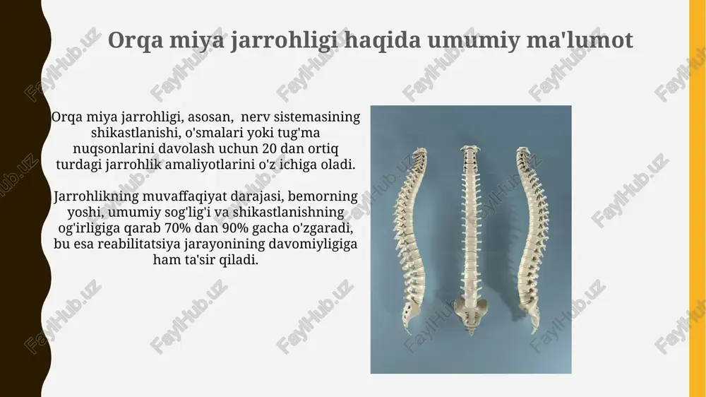 i mumkin. orqa miya jarrohligiga ko'rsatmalar orqa miya jarrohligiga ko'rsatma: o'murtqa shikastlanishlari, masalan, fraktur yoki luksatsiya natijasida o'murtqa ustunining beqarorligi aniqlansa, jarrohlik aralashuv o'murtqa barqarorligini tiklash va nervlarning shikastlanishini oldini olish uchun zarur bo'ladi. orqa miya jarrohligiga ko'rsatma: o'murtqa kanalining torayishi (stenoz) sababli nervlarning siqilishi holatlarida, masalan, 3 mm dan kam bo'lgan lumbal kanal diametrini kengaytirish uchun jarrohlik aralashuvi zarur bo'lishi mumkin. spinal fuziya jarrohligi umurtqa pog'onasining 2 yoki undan ortiq segmentlarini bir-biriga mahkamlash orqali og'riqni kamaytirish va umurtqa pog'onasining barqarorligini ta'minlashga qaratilgan jarrohlik usuli bo'lib, bu jarayon davomida metall implantlar yoki suyak ko'chirmalari qo'llanilishi mumkin. jarrohlikdan keyingi davr 3-6 oygacha cho'zilishi mumkin va bemorlar fizioterapiya va og'riqni boshqarish dasturlariga rioya qilishlari kerak. bu davrda, umurtqa pog'onasining to'liq bitishi uchun vaqt kerak bo'ladi. kifoskolyoz jarrohligi kifoskolyoz jarrohligidan keyingi tiklanish davri individualdir, ammo o'rtacha 3-6 oyni tashkil etadi va fizioterapiya, og'riq qoldiruvchi vositalar va reabilitatsiya dasturlarini o'z ichiga oladi. jarrohlik davomida, …