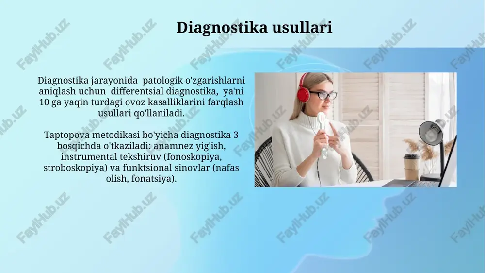 professional qo'shiqchi va aktyorlarda ovoz qobiliyatlarining tiklanishi va professional faoliyatiga qaytishlari kuzatildi. ovoz burmalarining tug'ma anomaliyalari bilan bog'liq 12 ta klinik misolda, taptopova metodikasi qo'llanilishi natijasida nutq sifati sezilarli darajada yaxshilandi. s.l. taptopovaning metodikasiga kirish metodika nafaqat vokal apparati mushaklarini mashq qilish, balki psixologik omillarni hisobga olish, bemorning yoshi va kasbini inobatga olgan holda, individual yondashuvni ta'minlaydi. taptopova metodikasi 3 bosqichli yondashuvni o'z ichiga oladi: diagnostika, individual reabilitatsiya dasturi va nazorat tekshiruvi, har bir bosqichida 5-7 ta muhim ko'rsatkich kuzatiladi. e'tiboringiz uchun rahmat @taqdimot_robot image2.jpg image3.jpg image4.jpg image5.jpg image6.jpg image7.jpg image8.jpg image9.jpg image10.jpg image11.jpg image12.jpg image13.jpg image14.jpg image15.jpg image16.jpg image17.jpg image18.jpg image1.png