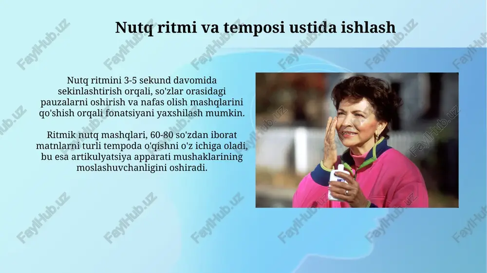 igiga ta'sir qiladi, bu esa ovozning kuchli va aniq bo'lishiga yordam beradi. ovoz burun bo'shlig'i, tomoq va og'iz bo'shlig'i kabi rezonans bo'shliqlaridan o'tib, 10-15 db gacha kuchayishi mumkin, bu esa ovozning tembri va rangini belgilaydi. e'tiboringiz uchun rahmat @taqdimot_robot image2.jpg image3.jpg image4.jpg image5.jpg image6.jpg image7.jpg image8.jpg image9.jpg image10.jpg image11.jpg image12.jpg image13.jpg image14.jpg image15.jpg image16.jpg image1.png