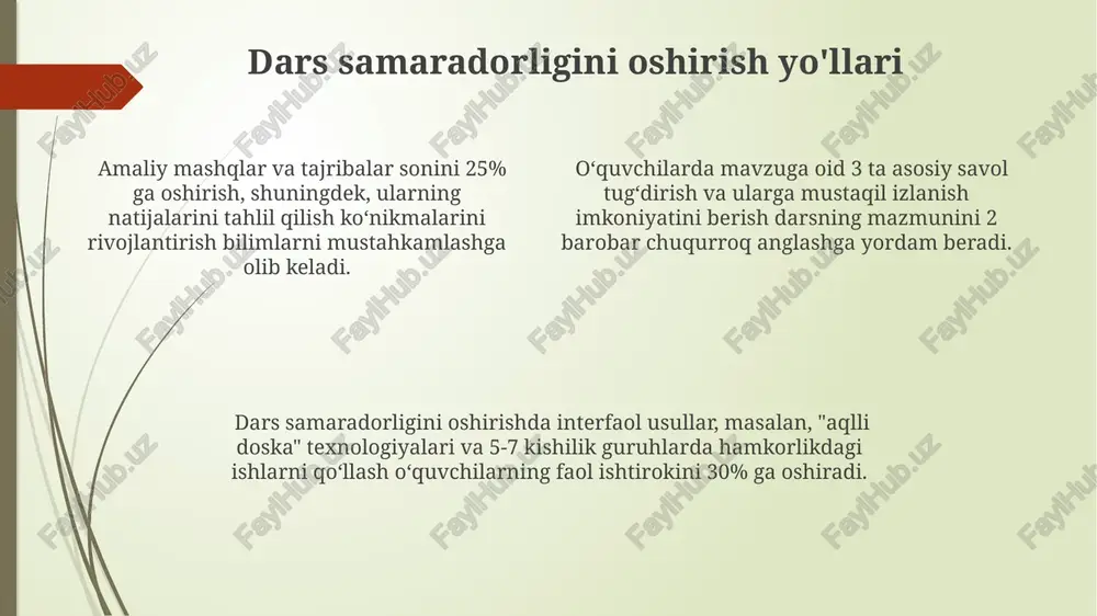gamifikatsiya va loyihaviy o'qitish usullarini qo'llash orqali o'quv jarayonini 20% ga qiziqarli va samarali qilish mumkin. tabiiy fan darslarida, o'quvchilarning mustaqil fikrlash qobiliyatini rivojlantirishga qaratilgan kamida 3 xil turdagi baholash usullarini qo'llash tavsiya etiladi. kompetent maktablar uchun tabiiy fan darslarini loyihalashda, o'quvchilarning amaliy ko'nikmalarini rivojlantirishga qaratilgan 5 tadan ortiq tajriba va laboratoriya ishlarini kiritish samarali natijalar beradi. tabiiy fanlarni o'qitishda kompetensiyaga asoslangan yondashuv kompetensiyaga asoslangan ta'limda o'quv jarayoni 3 bosqichda: bilimlarni egallash, ko'nikmalarni shakllantirish va kompetensiyalarni rivojlantirish bosqichlaridan iborat bo'lib, har bir bosqichga 20-30% vaqt ajratiladi. tabiiy fanlarni o'qitishda kompetensiyaga asoslangan yondashuv 5 ta asosiy kompetensiyani (o'qish, yozish, hisoblash, mulohaza yuritish, muammolarni yechish) rivojlantirishga qaratilgan bo'lib, o'quvchilarning 70% dan ortig'i bu kompetensiyalarni o'zlashtirishiga erishish maqsad qilinadi. o'quv rejalari kompetensiyaga asoslangan holda tuzilganda, kamida 4 ta turli o'quv usullari (masalan, loyihalar, tekshirishlar, guruhdagi ishlar, mustaqil ishlar) qo'llanilishi va ularning samaradorligi 80% dan yuqori bo'lishi talab etiladi. dars ishlanmalarini ishlab chiqish bosqichlari …