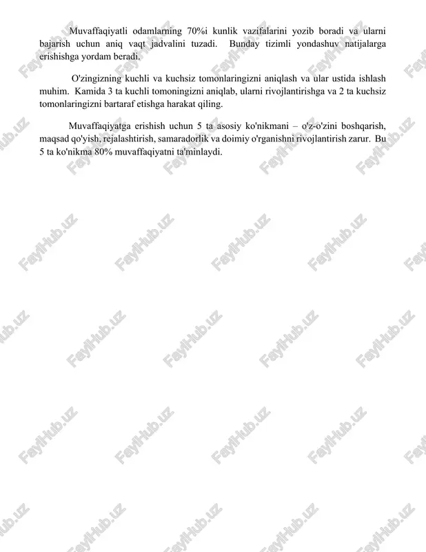 kuchli tomoningizni aniqlab, ularni rivojlantirishga va 2 ta kuchsiz tomonlaringizni bartaraf etishga harakat qiling. muvaffaqiyatga erishish uchun 5 ta asosiy ko'nikmani – o'z-o'zini boshqarish, maqsad qo'yish, rejalashtirish, samaradorlik va doimiy o'rganishni rivojlantirish zarur. bu 5 ta ko'nikma 80% muvaffaqiyatni ta'minlaydi. 📌xulosa samoupravleniya va mas'uliyatlilik samaradorlikning asosiy omillaridir. o'z vaqtida qaror qabul qilish, vazifalarni rejalashtirish va bajarish insonning muvaffaqiyatiga olib keladi. shaxsiy mas'uliyat hissi esa barcha maqsadlarga erishishda muhim rol o'ynaydi. 📚foydalanilgan adabiyotlar 1. bandura, a. (1997). self-efficacy: the exercise of control. new york: freeman. 2. zimmerman, b. j. (2000). self-efficacy: an essential motive to learn. contemporary educational psychology, 25(1), 82-91. 3. kanfer, f. h., latham, g. p. (eds.). (2002)