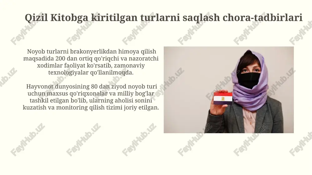 hal qiluvchi omil hisoblanadi. yoʻqolib borayotgan turlar roʻyxati “yoʻqolib borayotgan turlar roʻyxati”ning muhimligi, bioxilma-xillikni saqlash va tabiiy resurslarni oqilona boshqarish siyosatini ishlab chiqishda muhim ahamiyatga ega ekanligida namoyon boʻladi. “yoʻqolib borayotgan turlar roʻyxati”da 100 dan ortiq oʻsimlik va hayvon turlari, jumladan, 20 ga yaqin endemik turlar mavjud boʻlib, ularning aksariyati qizil kitobga kiritilgan. oʻsimlik dunyosining himoyasi oʻsimliklarning 50 dan ortiq turi yoʻqolib ketish xavfi ostida boʻlib, ularning sonini oshirish boʻyicha amaliy dasturlar va biotexnologik usullar qoʻllanilishi tavsiya etilgan. “oʻsimlik dunyosining himoyasi” boʻlimida 100 dan ortiq noyob va endemik oʻsimlik turlarini muhofaza qilishga oid qonun hujjatlari va chora-tadbirlar bayon etilgan. e'tiboringiz uchun rahmat @taqdimot_robot image2.jpg image3.jpg image4.jpg image5.jpg image6.jpg image7.jpg image8.jpg image9.jpg image10.jpg image11.jpg image12.jpg image13.jpg image14.jpg image15.jpg image16.jpg image17.jpg image18.jpg