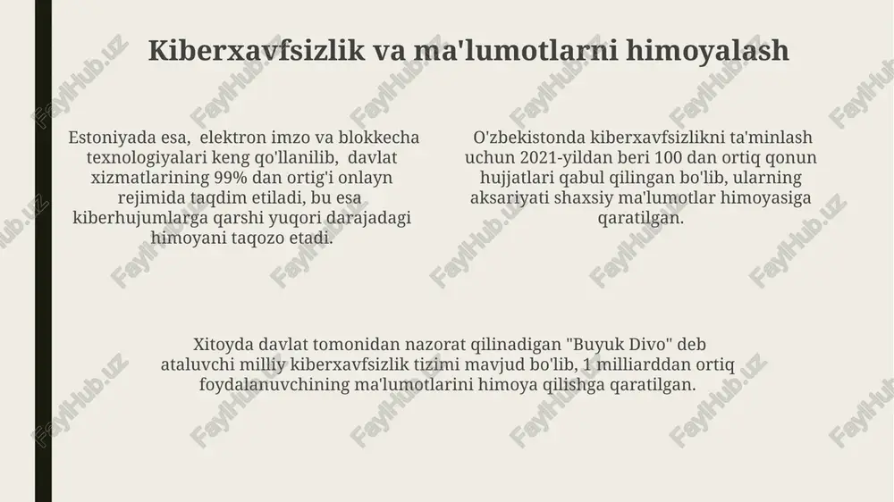kazishga qaratilgan. estoniya bilan oʻzbekiston oʻrtasidagi elektron hukumatni rivojlantirish boʻyicha hamkorlik loyihalari, jumladan, 20 dan ortiq mutaxassislar almashinuvi dasturlari amalga oshirilmoqda. xitoyning raqamli strategiyasi xitoyning raqamli strategiyasi "smart city" loyihalarini keng miqyosda amalga oshirishni o'z ichiga oladi, 2030 yilga kelib 500 dan ortiq aqlli shaharlarni yaratish rejalashtirilgan. "made in china 2025" dasturi doirasida sun'iy intellekt, katta ma'lumotlar va bulut texnologiyalari kabi sohalarga katta e'tibor qaratilib, yillik o'sish sur'ati 15% dan yuqori bo'lishi kutilmoqda. xitoyning raqamli strategiyasi milliy iqtisodiyotni 2025 yilga borib raqamlashtirishni maqsad qilib qo'ygan bo'lib, bu jarayonga 1 trillion dollardan ortiq mablag' sarflanadi. raqamli fuqarolik va davlat xizmatlari raqamli o'zbekiston dasturi doirasida 2023 yilga kelib 100 dan ortiq davlat xizmatlari onlayn rejimga o'tkazildi, bu fuqarolarning vaqtini va resurslarini sezilarli darajada tejashga yordam berdi. elektron raqamli imzo texnologiyalaridan foydalanish orqali 2024 yilga qadar hujjat aylanishini 50% ga qisqartirish rejalashtirilgan, bu korrupsiyani kamaytirishga va samaradorlikni oshirishga xizmat qiladi. my.gov.uz portalida ro'yxatdan …