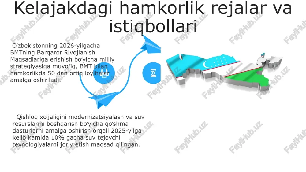 a investitsiya kiritildi. bmtning oziq-ovqat va qishloq xoʻjaligi tashkiloti (fao) oʻzbekistonga suv resurslarini samarali boshqarish va qurgʻoqchilikka chidamlilikni oshirish boʻyicha texnik yordam koʻrsatmoqda, bu dehqonchilik unumdorligini 15% ga oshirishga yordam beradi. kam ta'minlangan aholi qatlamining salomatligini yaxshilashga qaratilgan bmtning sog'liqni saqlash sohasidagi dasturlari natijasida bolalar o'limi darajasi 20% ga kamaydi, bu inson kapitalini rivojlantirishga hissa qo'shdi. o'zbekistonning bmt bilan hamkorligi doirasida 2022-yilda 500 mingdan ortiq kambag'al oilalarga naqd pul yordami ko'rsatildi, bu inson taraqqiyoti indeksiga ijobiy ta'sir ko'rsatdi. yoksullashganlarga yordam va inson taraqqiyoti iqtisodiy hamkorlik: investitsiyalar va savdo o'zbekiston va bmt o'rtasidagi iqtisodiy hamkorlik doirasida 2022-yilda to'g'ridan-to'g'ri xorijiy investitsiyalar hajmi 3 milliard aqsh dollaridan oshdi. bmtning turli dasturlari va grantlari orqali o'zbekistonga 2021-2023 yillar oralig'ida kichik va o'rta biznesni rivojlantirishga qaratilgan 50 million aqsh dollaridan ortiq mablag' ajratildi. bmtning turli dasturlari va grantlari orqali o'zbekistonga 2021-2023 yillar oralig'ida kichik va o'rta biznesni rivojlantirishga qaratilgan 50 million aqsh dollaridan ortiq mablag' …