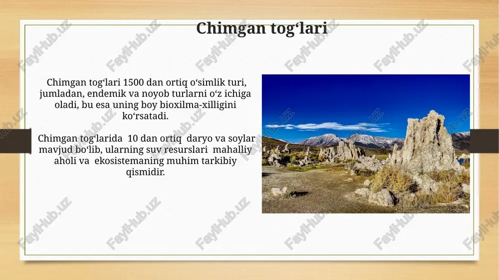 boysun togʻlari oʻzining 2000 metrdan yuqori balandlikdagi choʻqqilariga ega boʻlib, 50 dan ortiq endemik oʻsimlik turlarini saqlab qolgan noyob tabiat qoʻriqxonasidir. e'tiboringiz uchun rahmat @taqdimot_robot image7.jpg image8.jpg image9.jpg image10.jpg image11.jpg image12.jpg image13.jpg image14.jpg image15.jpg image16.jpg image17.jpg image18.jpg image19.jpg image20.jpg image21.jpg image22.jpg image23.jpg image3.png image4.png