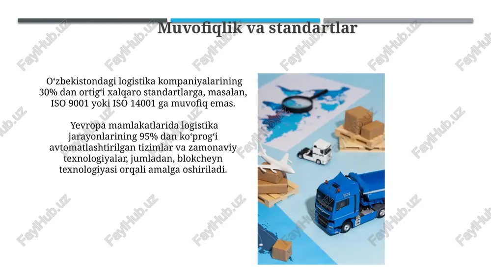 a yetkazib berish muddatlarini uzaytiradi, taxminan 1 km ga 10 ga yaqin avtomobil toʻgʻri keladi. yevropada multimodal transport tizimlari, jumladan, konteynerlashtirish va intermodal transportlar keng qoʻllaniladi, oʻzbekistonda esa bu jarayonlar rivojlanish bosqichida. tavsiyalar va xulosalar kichik va o'rta biznesni qo'llab-quvvatlash dasturlarini ishga tushirish orqali o'zbekistonning logistika sektoriga 1000 dan ortiq yangi ish o'rinlari yaratish mumkin. yevropaning rivojlangan raqamli logistika infratuzilmasini o'rganish va o'zbekistonda shunga o'xshash tizimni joriy etish orqali yuk tashish vaqti 30% ga qisqarishi mumkin. davlat siyosati va qoʻllab-quvvatlash davlat tomonidan logistika infratuzilmasini rivojlantirish dasturlari mavjud bo'lsa-da, yevropaga nisbatan ularning samaradorligi va moliyaviy qo'llab-quvvatlash hajmi ancha kam. oʻzbekistonda logistika sohasini rivojlantirishga 2022-yilga qadar 500 million dollardan ortiq toʻgʻridan-toʻgʻri xorijiy investitsiyalar jalb qilingan, bu yevropa mamlakatlariga nisbatan past ko'rsatkich. e'tiboringiz uchun rahmat @taqdimot_robot image1.jpg image2.jpg image3.jpg image4.jpg image5.jpg image6.jpg image7.jpg image8.jpg image9.jpg image10.jpg image11.jpg image12.jpg image13.jpg image14.jpg image15.jpg image16.jpg image17.jpg