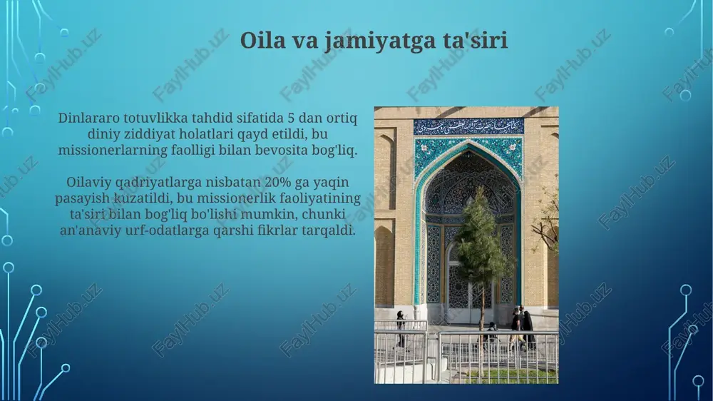 eklovlar ro'yxatdan o'tmagan diniy tashkilotlarning missionerlik faoliyati, huquqiy javobgarlikni, shu jumladan, jarima va hibsga olishni o'z ichiga olgan holda, taqiqlanadi. bu holatlar soni yildan-yilga o'zgarib turadi. davlat organlari missionerlik faoliyatini kuzatish va nazorat qilish huquqiga ega bo'lib, diniy adabiyotlarning importini va tarqalishini, shuningdek, 5 nafardan ortiq odamning diniy yig'ilishlarini nazorat qiladi. e'tiboringiz uchun rahmat @taqdimot_robot image3.jpg image4.jpg image5.jpg image6.jpg image7.jpg image8.jpg image9.jpg image10.jpg image11.jpg image12.jpg image13.jpg image14.jpg image15.jpg image16.jpg image17.jpg image2.png