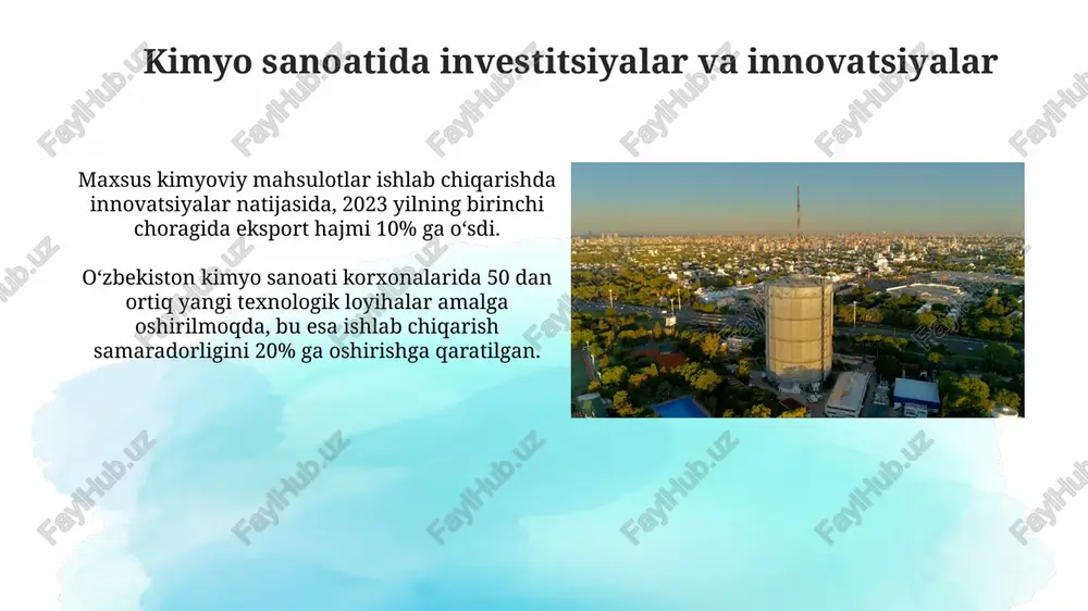mumkin. qurilish materiallari ishlab chiqarishda kimyo polimerli materiallar, masalan, polivinilxlorid (pvx) va polietilen (pe), qurilishda keng qo'llaniladi va ularning ishlab chiqarish hajmi yiliga 50 ming tonnadan oshadi, bu jarayon murakkab kimyoviy reaksiyalarni o'z ichiga oladi. o'zbekistondagi sement zavodlarida yiliga 10 million tonnadan ortiq sement ishlab chiqariladi, bu jarayonda turli xil kimyoviy birikmalar, shu jumladan, gips va temir oksidi kabi moddalar ishlatiladi. oʻzbekistondagi yirik kimyo korxonalarining umumiy koʻrinishi oʻzbekiston kimyo sanoati, 2023 yil holatiga koʻra, 100 dan ortiq yirik va oʻrta korxonalarni oʻz ichiga olib, yalpi ichki mahsulotga 2% dan ortiq hissa qoʻshadi. fergana vodiysida joylashgan kimyo korxonalari, umumiy ishlab chiqarish hajmining taxminan 40 foizini tashkil etib, sanoatning muhim mintaqaviy markazini ifodalaydi. boʻyoqlar va laklar ishlab chiqarish boʻyoq va laklarning 30% dan ortigʻi qurilish sohasida, qolgan qismi esa avtomobilsozlik, yogʻoch va metall buyumlarni qayta ishlashda qoʻllaniladi. “boʻyoqlar va laklar” ishlab chiqarishda, uzbekiston korxonalari yillik 15 000 tonnadan ortiq turli xil boʻyoq …