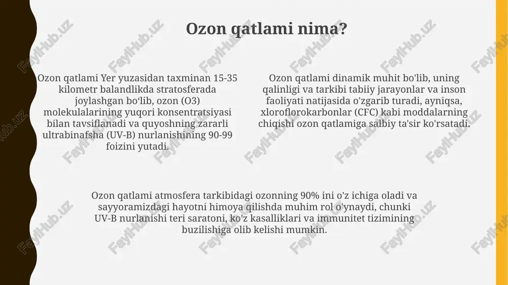 tokolining qabul qilinishidan keyin 90% ga kamaygan. ozon qatlami yupqalanishining eng yuqori darajasi 1980-yillarning oxirlarida kuzatilgan bo'lib, antarktida ustida ozon teshigining maydoni 20-25 million kvadrat kilometrga yetgan. ozon qatlami tiklanish jarayoni juda sekin, prognozlarga ko'ra antarktida ustidagi ozon teshigi 2060-yillarga kelib to'liq yopiladi. ozon qatlamiga zarar yetkazuvchi moddalar metil bromid, qishloq xo'jaligida zararkunandalarga qarshi kurash vositasi sifatida ishlatilgan, ozon qatlamiga sezilarli darajada zarar yetkazadi va uning ozonni yo'q qilish potentsiali yuqori bo'lib, atmosfera davomida uzoq vaqt saqlanadi. bromli birikmalar, masalan, halonlar, o't o'chiruvchilarda qo'llanilgan va ozon qatlamiga cfclardan ham kuchliroq ta'sir ko'rsatadi, ularning ozonni yo'q qilish potentsiali cfclardan bir necha barobar yuqori. ozon qatlamiga zarar yetkazuvchi asosiy moddalardan biri – xlorofluorokarbonlar (cfc) bo'lib, ular muzlatgichlar va aerozollarda ishlatilgan va atmosfera yuqori qatlamlarida ozonni parchalashga olib keladi, 1 molekula cfc 100 000 gacha ozon molekulasini yo'q qilishi mumkin. davlatlararo hamkorlik "ozon qatlami himoyasi toʻgʻrisida"gi vena konventsiyasi va monreal protokolining amalga oshirilishi, …