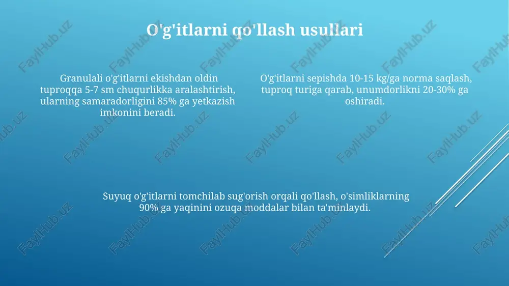 entratsiyali gaz chiqishi mumkin bo'lsa, respiratorlardan foydalaning. o'g'itlarning umumiy ma'lumoti o'g'itlarning samaradorligi tuproqning turiga, o'simlikning turiga va ob-havo sharoitiga bog'liq bo'lib, optimal hosil olish uchun ularning miqdori va qo'llanilish vaqti aniq hisoblab chiqilishi kerak. mikroelementlarni o'z ichiga olgan murakkab o'g'itlar, masalan, temir, marganets, sink kabi elementlarning yetishmasligidan kelib chiqadigan o'simlik kasalliklarining oldini olishda muhim ahamiyatga ega va hosildorlikni 15-20% ga oshirishi mumkin. o'g'itlarning asosiy uchta turi mavjud: azotli, fosforli va kaliyli o'g'itlar bo'lib, ular o'simliklarning o'sishini va rivojlanishini ta'minlashda muhim rol o'ynaydi, ularning nisbati 1:2:1 yoki shunga o'xshash formulalar bilan ifodalanadi. e'tiboringiz uchun rahmat @taqdimot_robot
